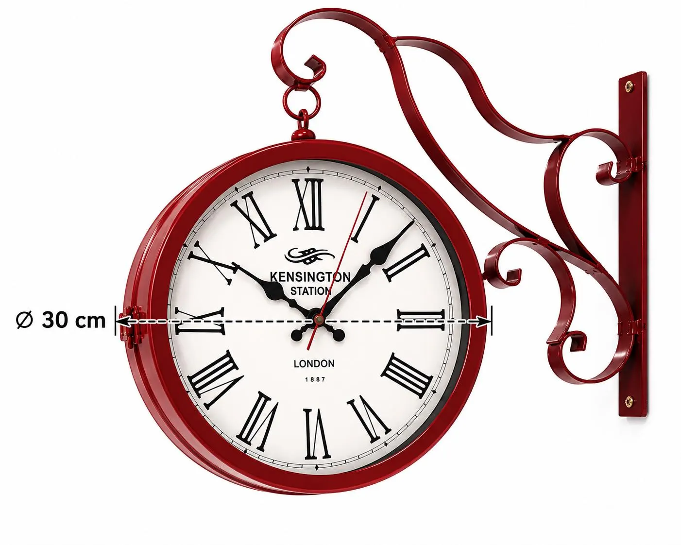 Product dimension diagram of red double-sided railway wall clock 
showing 30 cm clock face diameter indicated by dashed measurement 
lines and double-headed arrow. Kensington Station London 1887 
antique style clock with ornate scrollwork bracket displayed on 
white background. Crimson red iron frame with white Roman numeral 
dial. Scale reference graphic for Victorian station wall clock 
sizing guide.