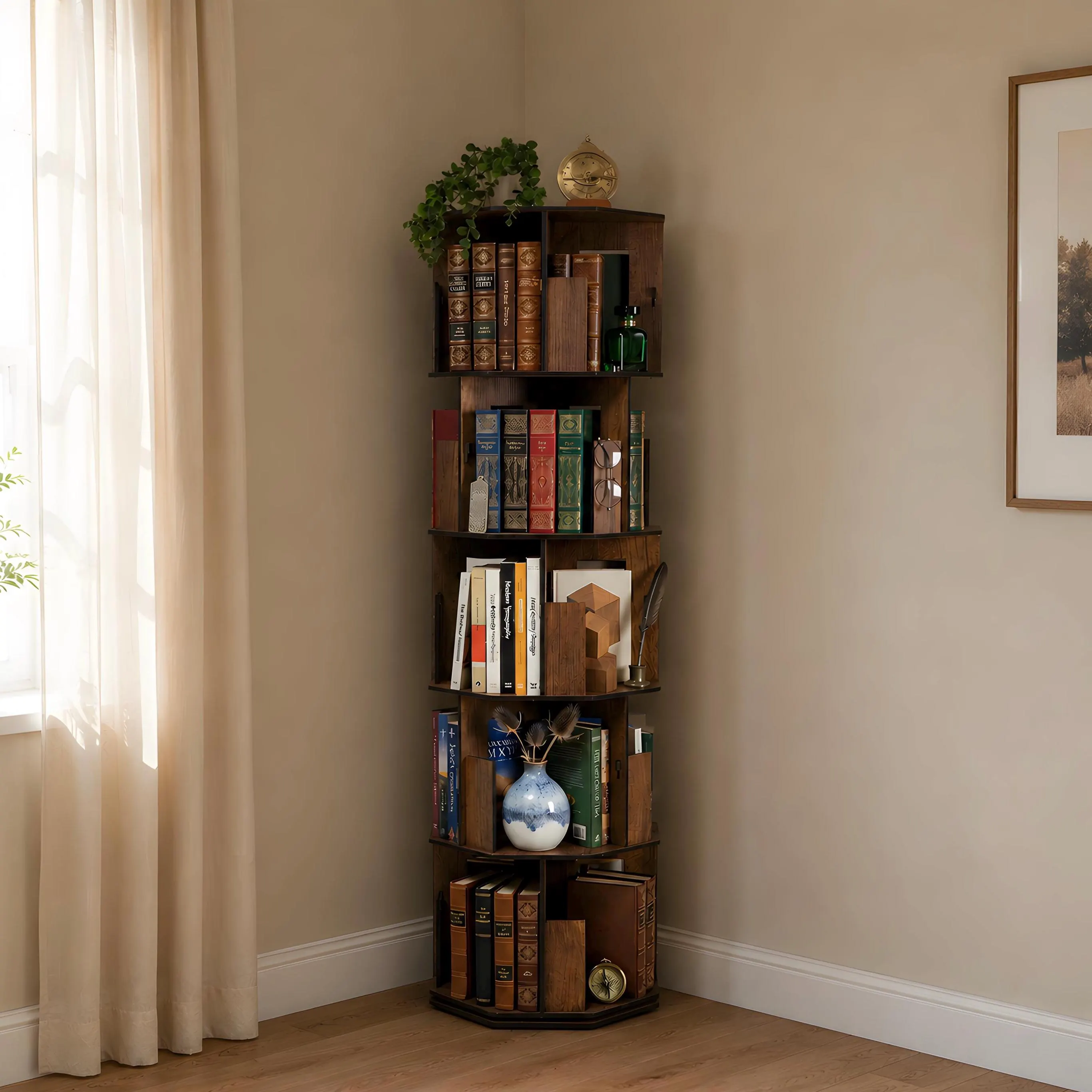 360 Rotating Bookshelf, Modern Wooden Book Stand, Tiered Floor Standing Bookcase, Space-Saving Corner Storage Tower