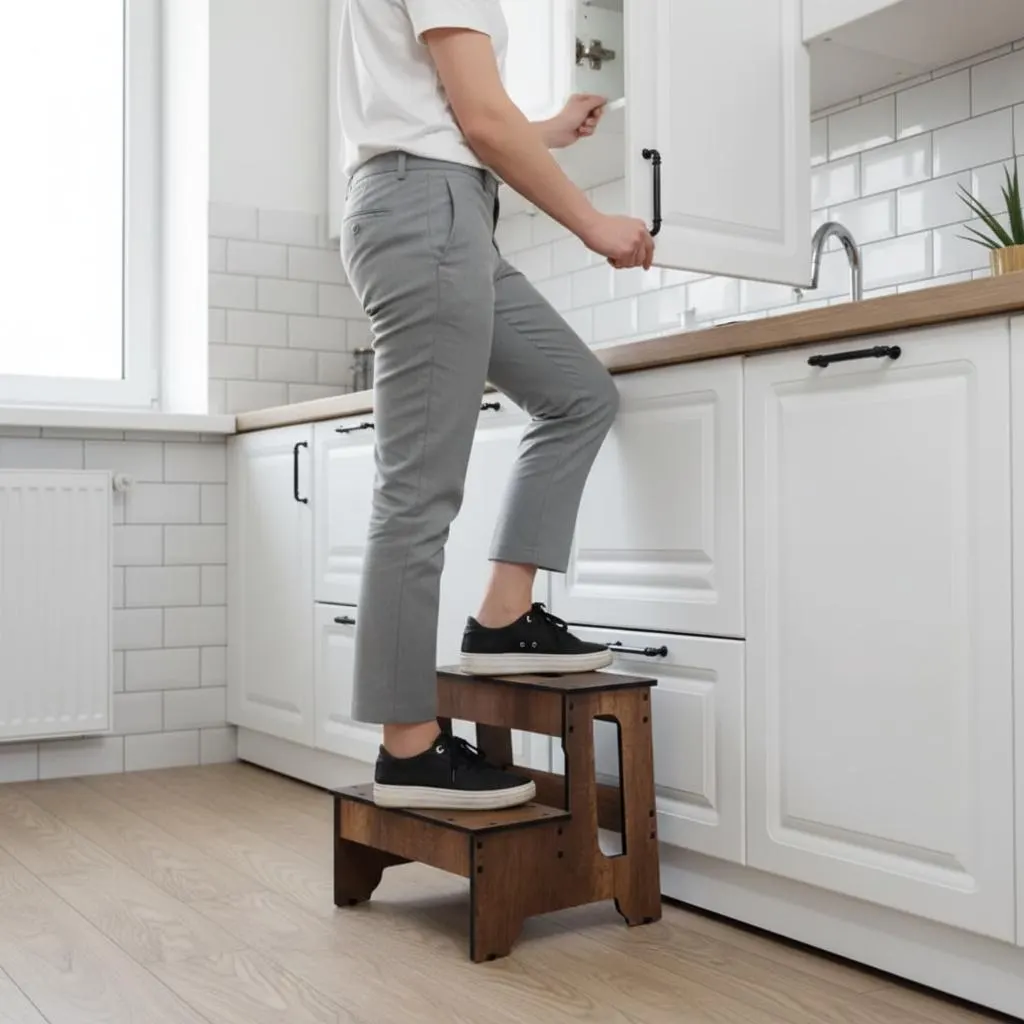 A two-step wooden step stool with a dark brown finish. The step stool is being used in a white kitchen. The person is wearing gray pants and black shoes. The kitchen has white cabinets and a wooden countertop.