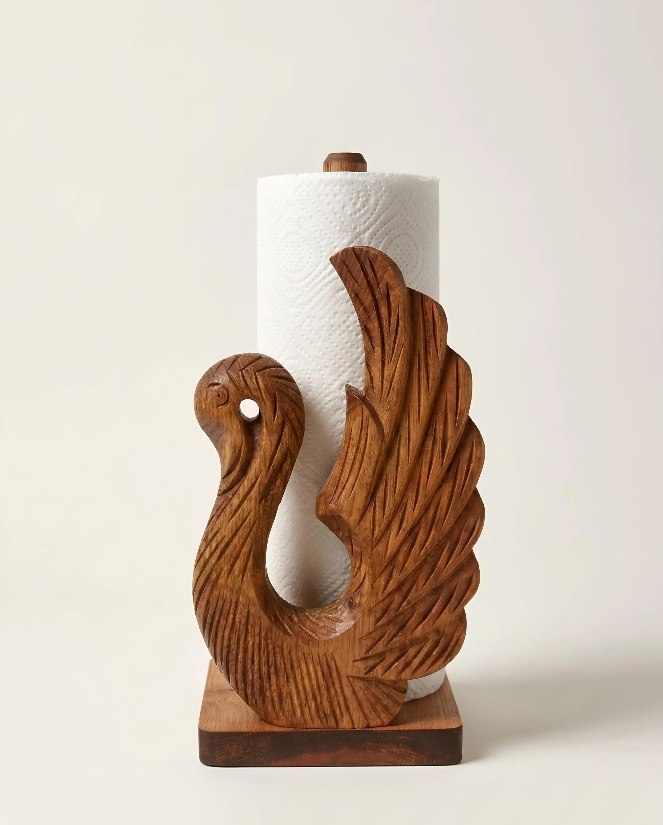 Wooden swan paper towel holder on kitchen counter, carved wooden napkin holder with swan design, rustic kitchen decor accessory, farmhouse kitchen paper towel stand, wooden countertop towel holder, natural wood kitchen organizer, swan kitchen decor, aesthetic cottagecore kitchen accessory, handmade wooden paper towel holder