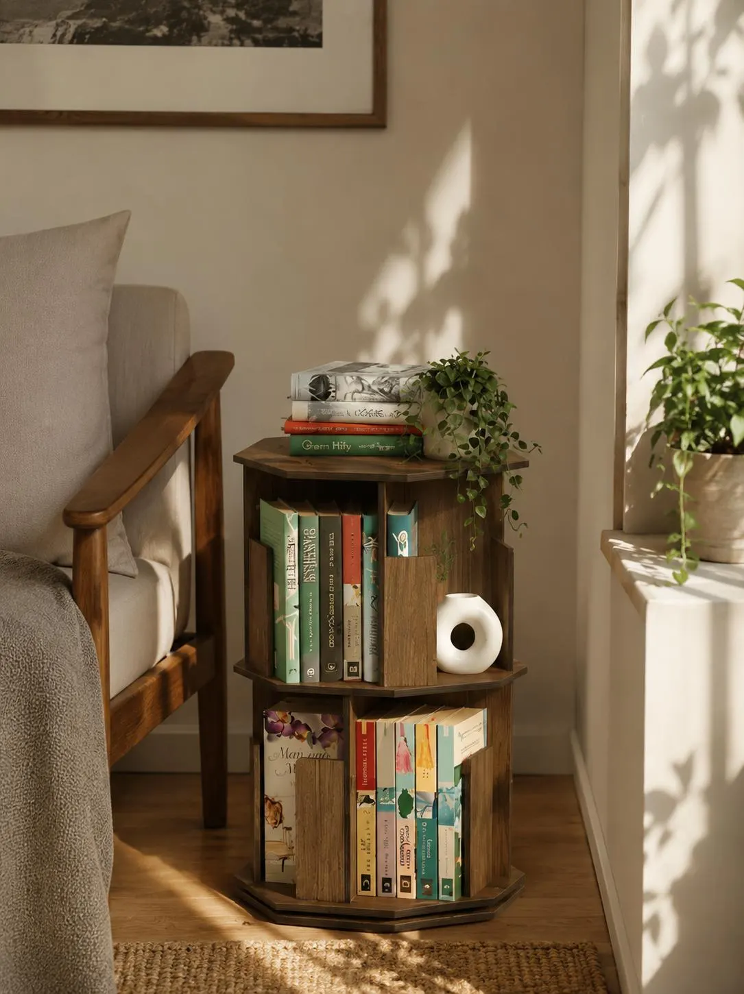 Compact 2-tier rotating bookshelf stand in warm walnut finish, space-saving wooden book organizer styled with books and a small ceramic vase on top.