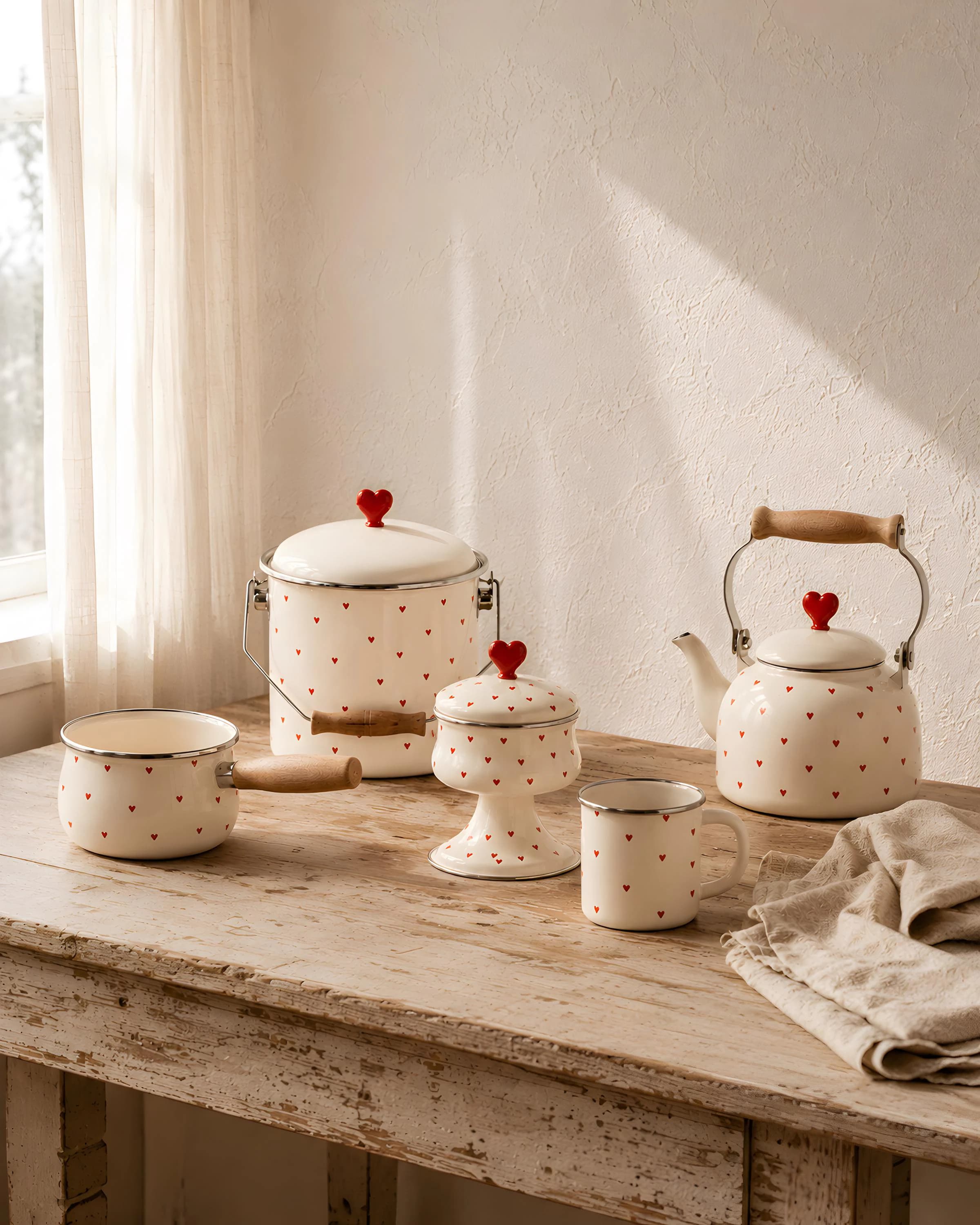 Cream Heart Pattern Enamel Kitchen Set, Vintage Enamel Tea Kettle Mug Saucepan Sugar Bowl Storage Pot, Cottagecore Farmhouse Kitchen Decor
