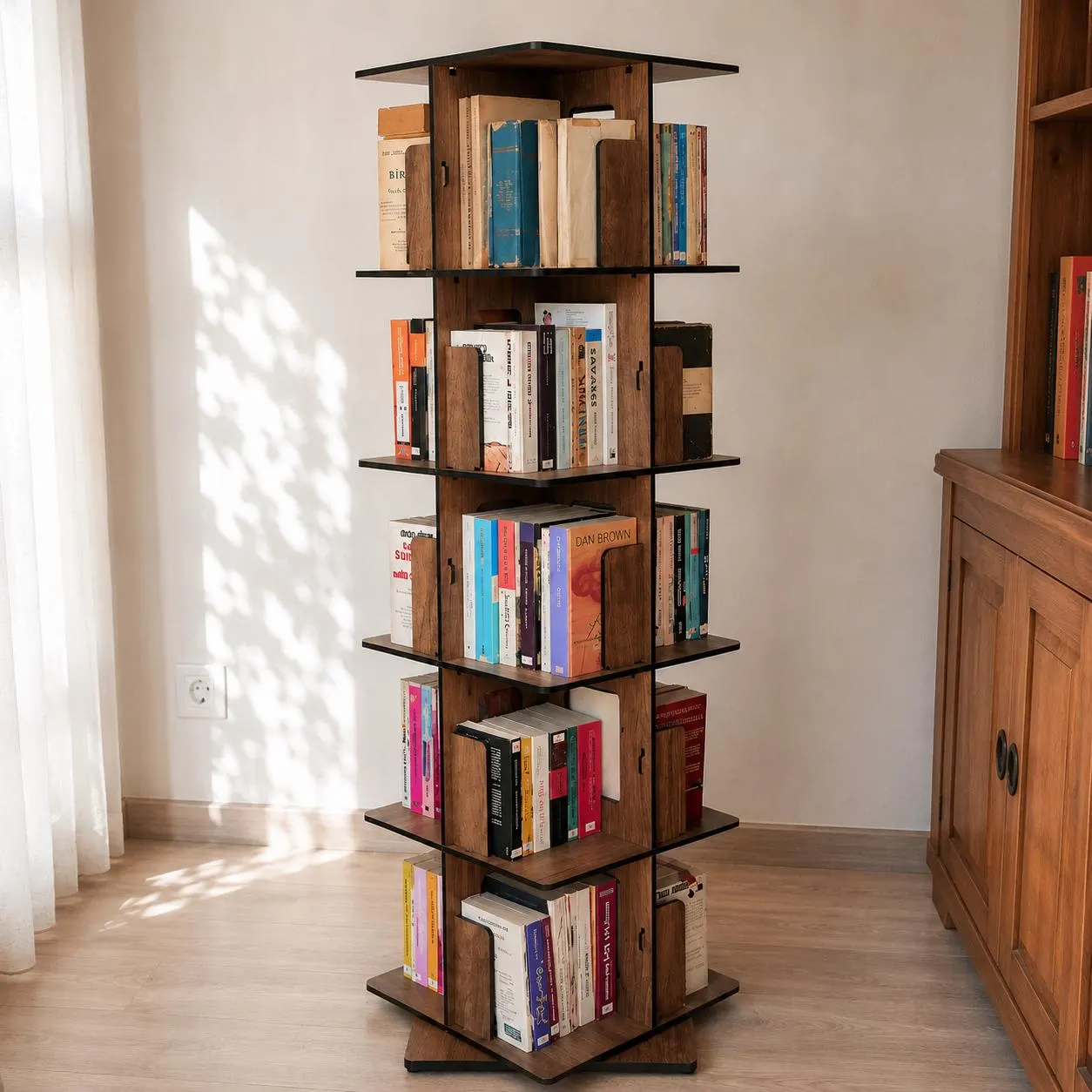 Rotating Bookshelf 5 Tier, 360 Revolving Bookcase, Wooden Book Tower, Space Saving Floor Standing Bookshelf, Home Library Storage - image 4