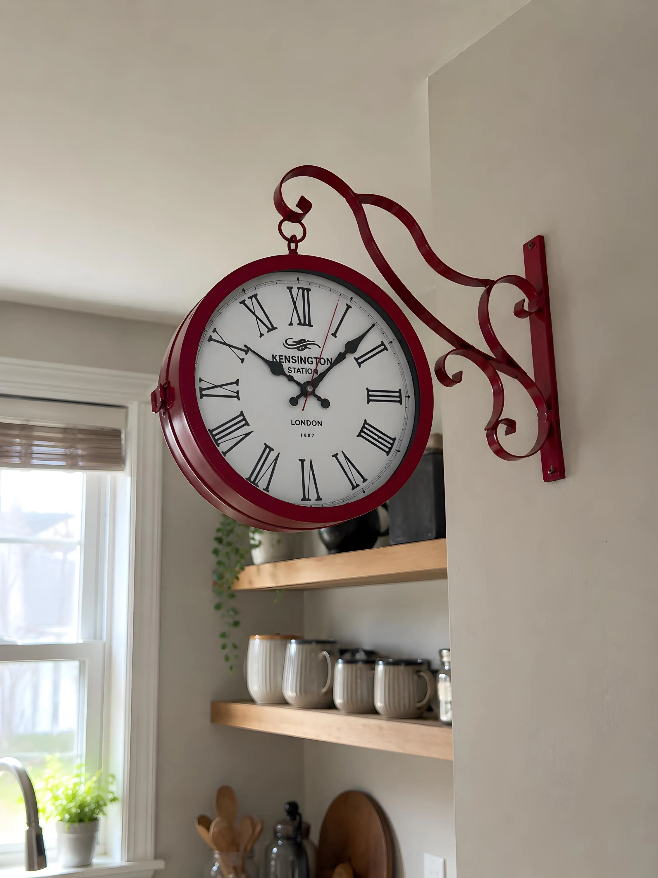 Vintage Double-Sided Station Clock, Red Rustic Farmhouse Wall Clock, Hanging Clock, European Hallway Decor