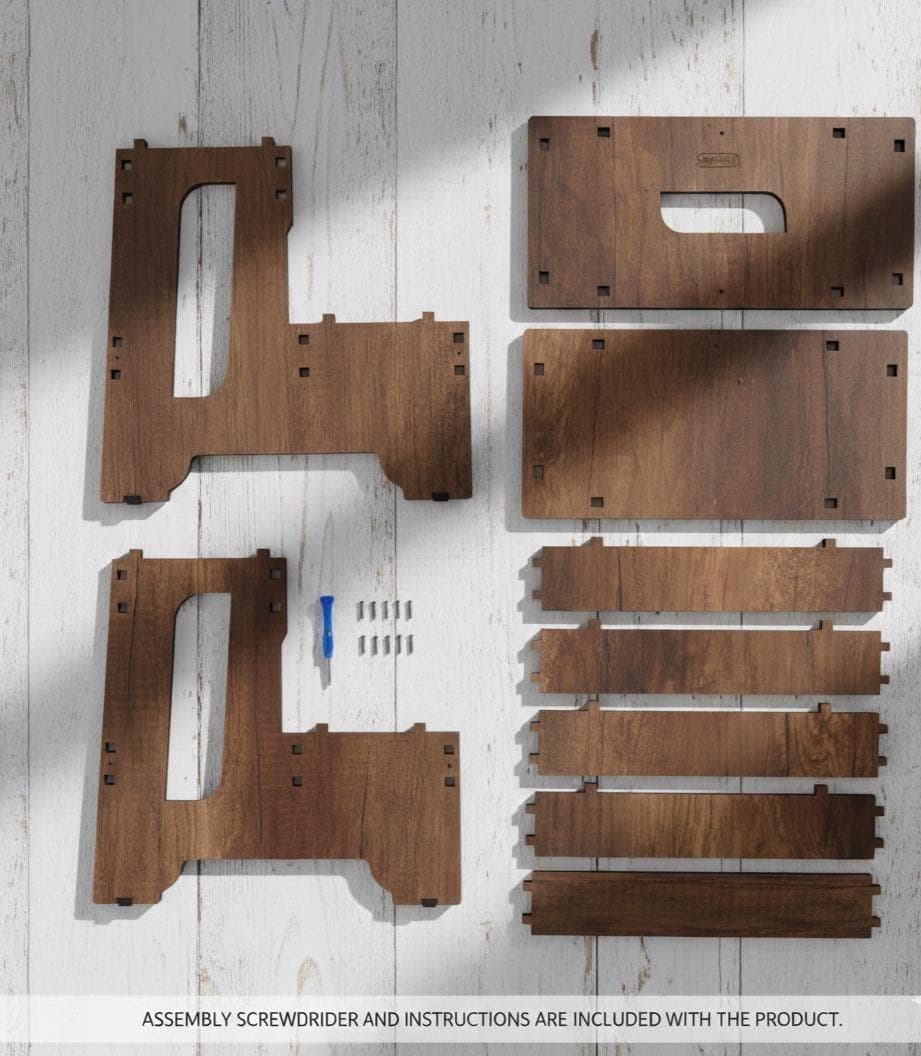 Disassembled wooden shelf components, including side panels, shelves, and a top piece with a handle cutout. The pieces are a warm brown color, with a blue screwdriver and screws. The text at the bottom reads: ASSEMBLY SCREWDRIVER AND INSTRUCTIONS ARE INCLUDED WITH THE PRODUCT.