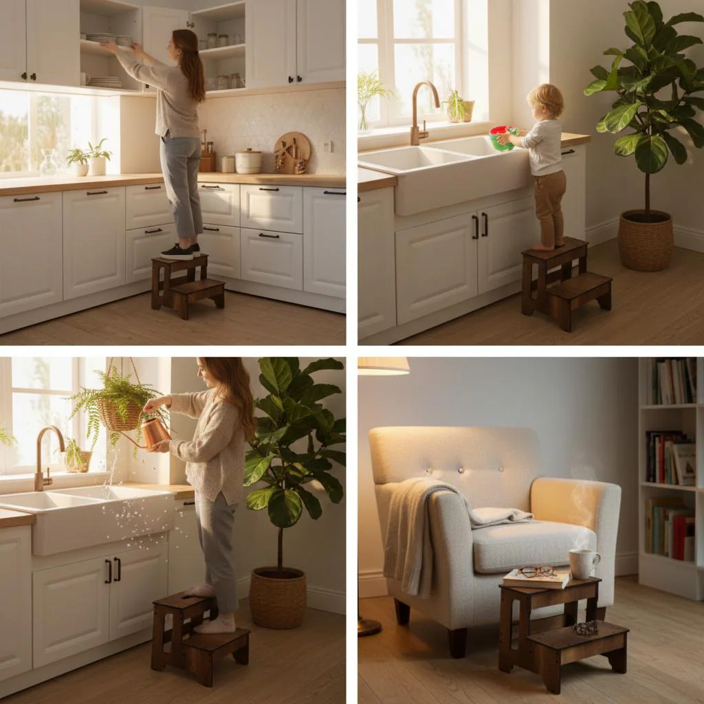 A dark brown wooden step stool with two steps. The step stool is shown in a kitchen and living room setting. The step stool is used by people to reach higher shelves and counters. The step stool is a useful item for home use.
