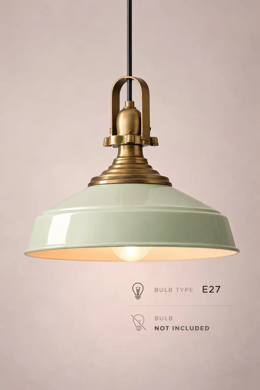 Vintage pendant light glowing with a warm Edison filament bulb, casting soft ambient light. Antique brass interior reflects the bulb's warm tone, creating a cozy retro atmosphere. This industrial hanging lamp is ideal for restaurants, bars, cafes, and home dining areas. Adjustable cord length of 80cm can be shortened as needed. Wired for 220–240V. Mounting hardware included, bulb not included.