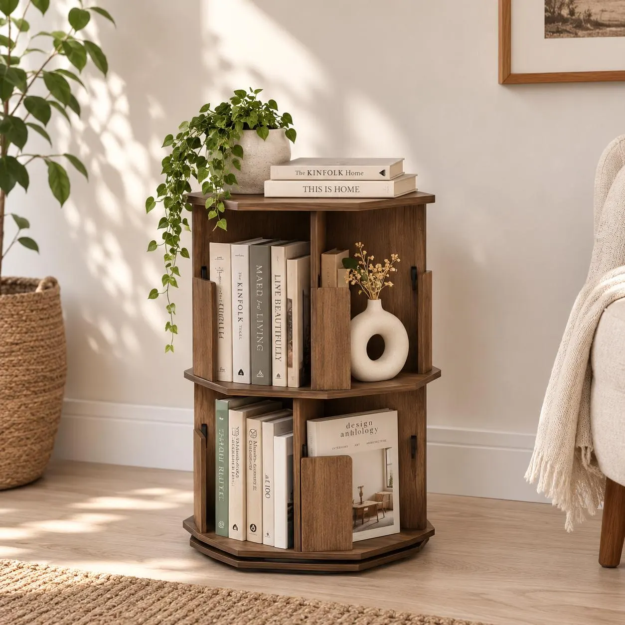 Close-up of dark walnut wood grain texture on rotating bookcase shelf, showing sturdy MDFlam construction and hexagonal tiered compartment design with organized book collection.
