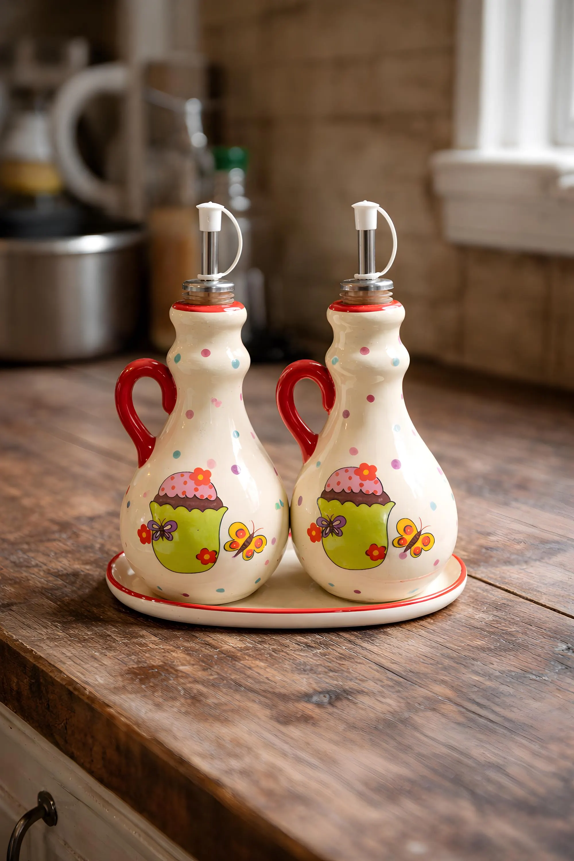 Hand Painted Porcelain Oil Dispenser Set – Colorful Floral Cupcake Butterfly Design, Farmhouse Kitchen Tray - image 5