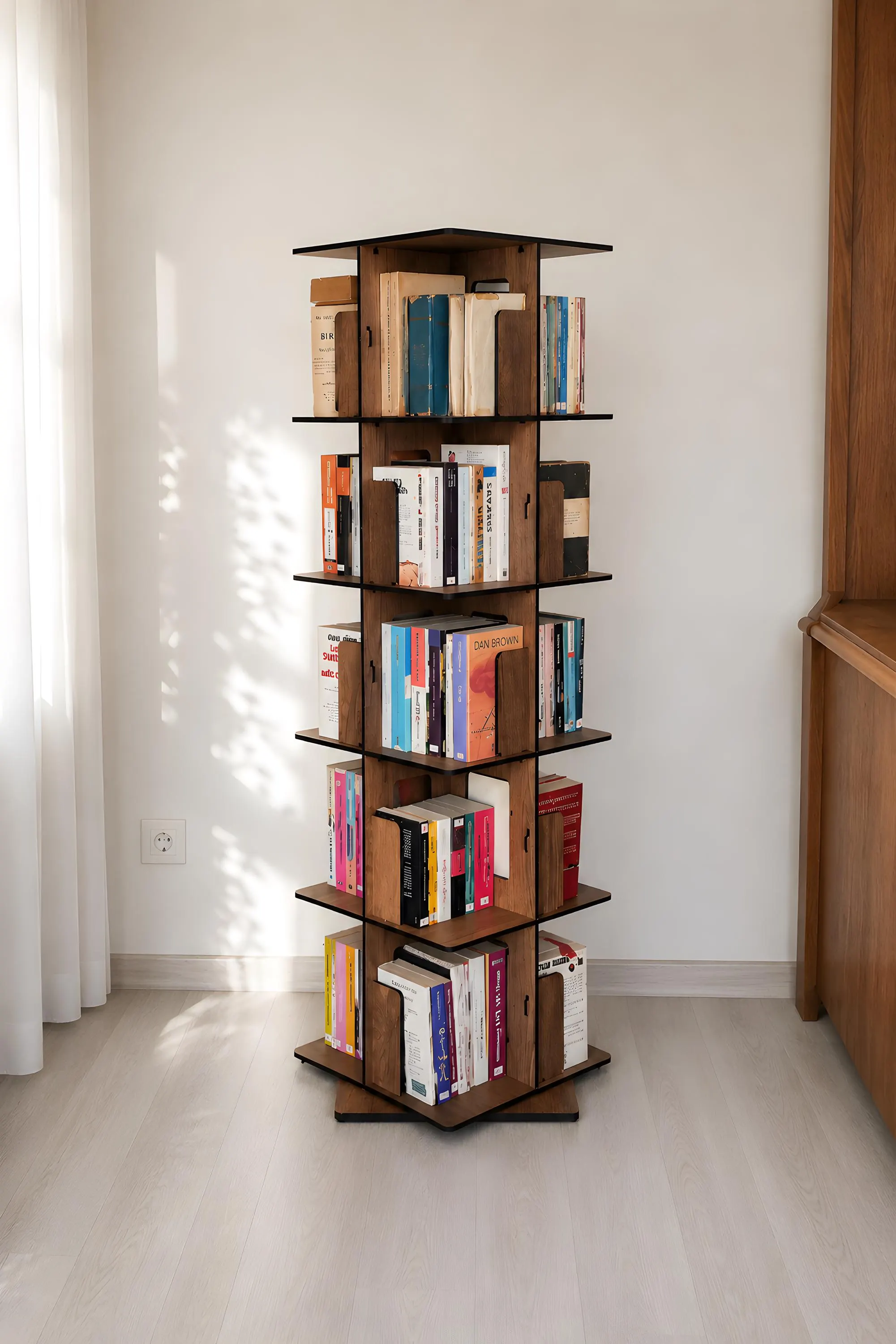 Rotating Bookshelf 5 Tier, 360 Revolving Bookcase, Wooden Book Tower, Space Saving Floor Standing Bookshelf, Home Library Storage
