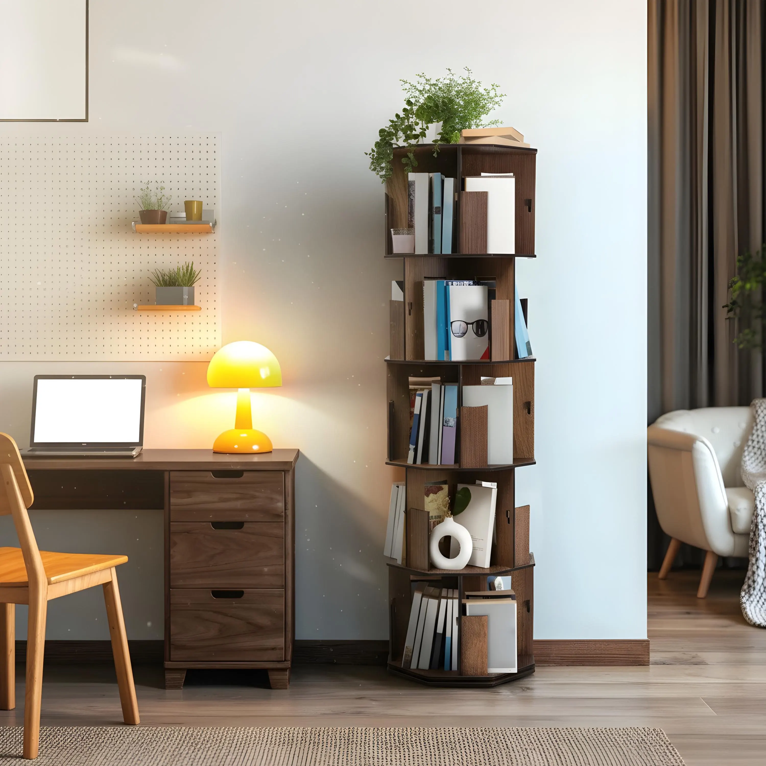 Mobile rotating bookcase on hidden wheels, easy to move 360 revolving book shelf made of premium 8mm MDFlam, space saving storage tower.