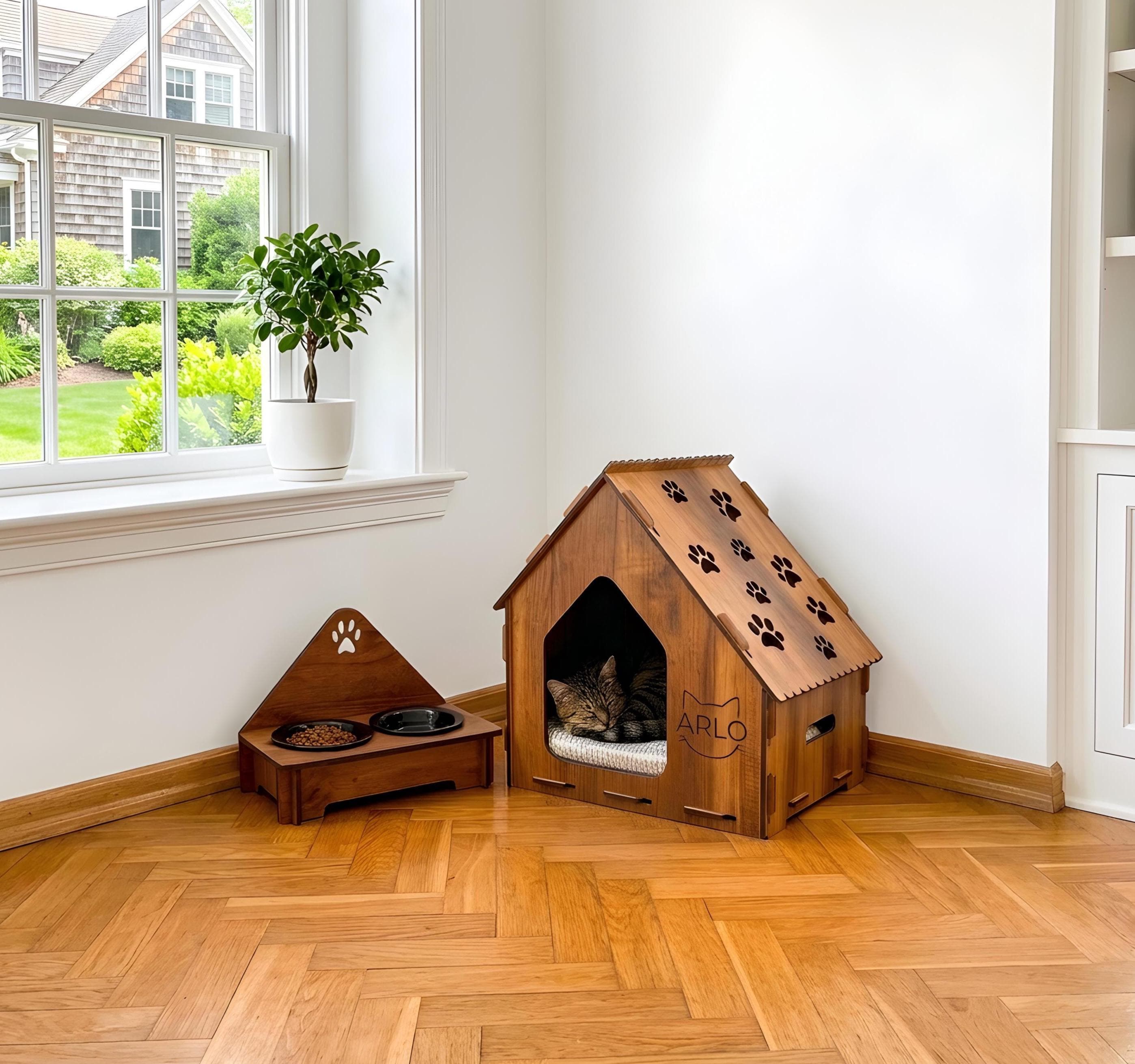 Wooden Personalized Pet Home, Dog Crate Furniture, Cat House with Feeding Station, Indoor Cat and Dog Home, Dog House with Food Bowl Stand