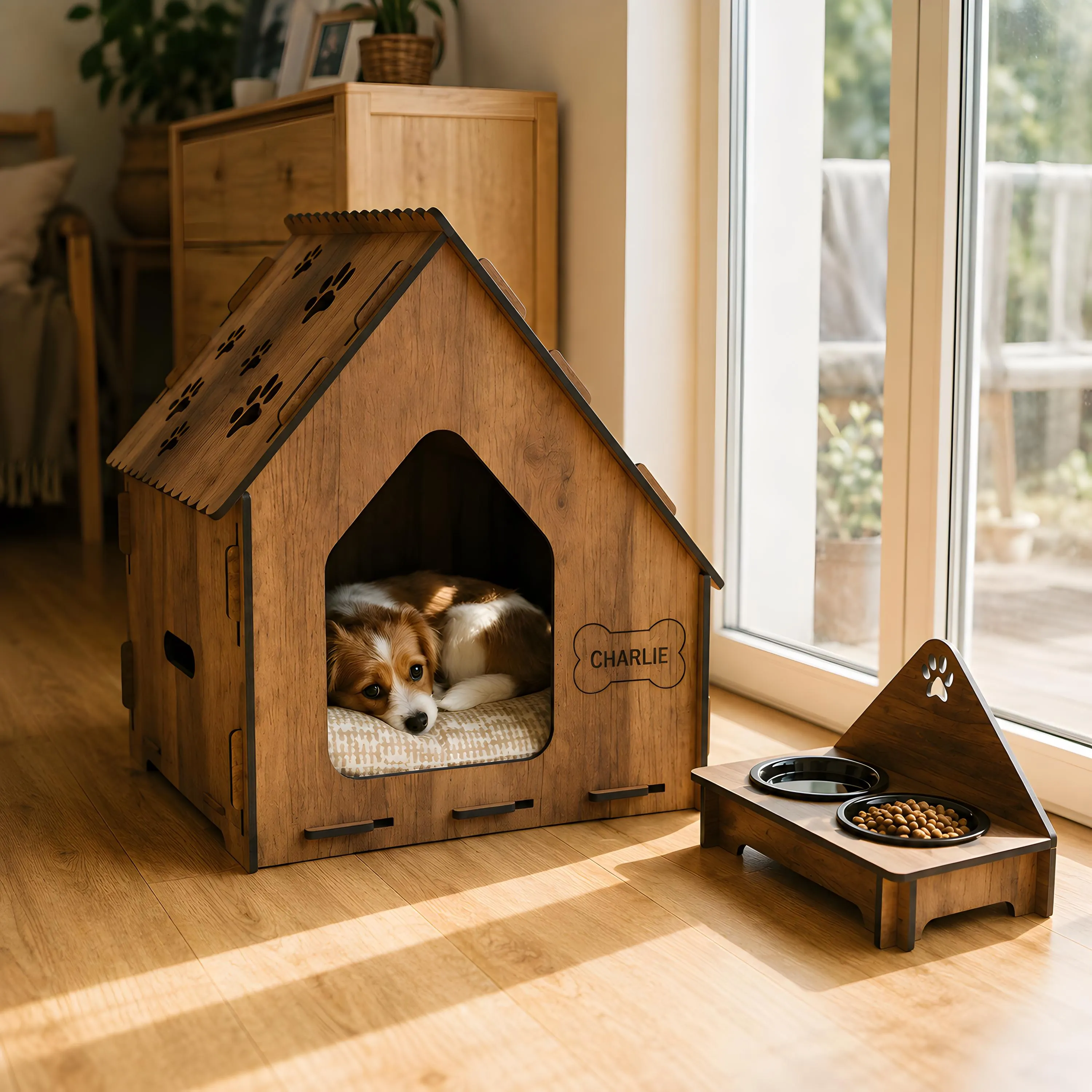 Wooden Personalized Pet Home, Dog Crate Furniture, Cat House with Feeding Station, Indoor Cat and Dog Home, Dog House with Food Bowl Stand - image 5