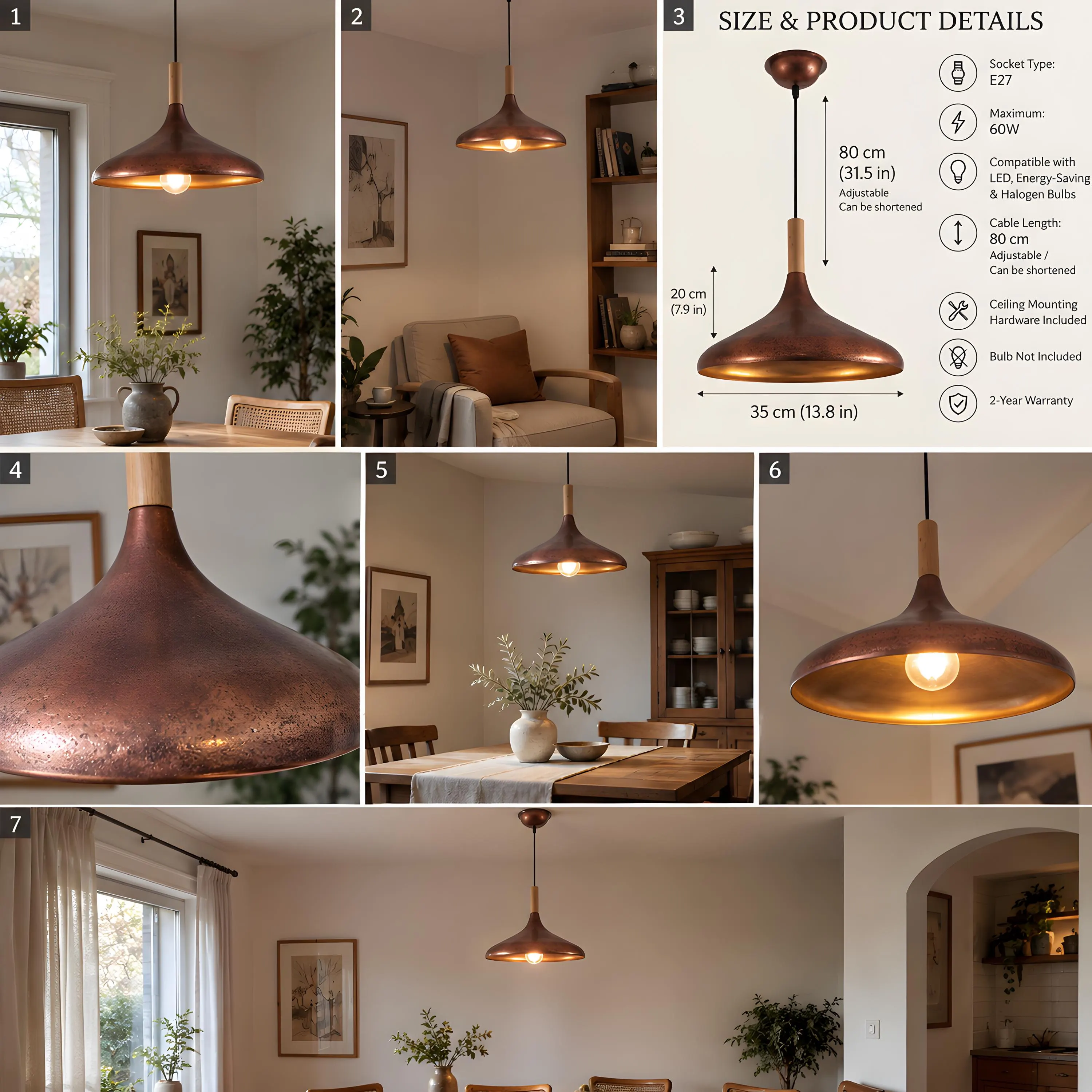 Copper Chandelier, Copper Pendant Light, Mid Century Modern Chandelier, Vintage Hanging Light, Kitchen Pendant Light Fixture - image 5
