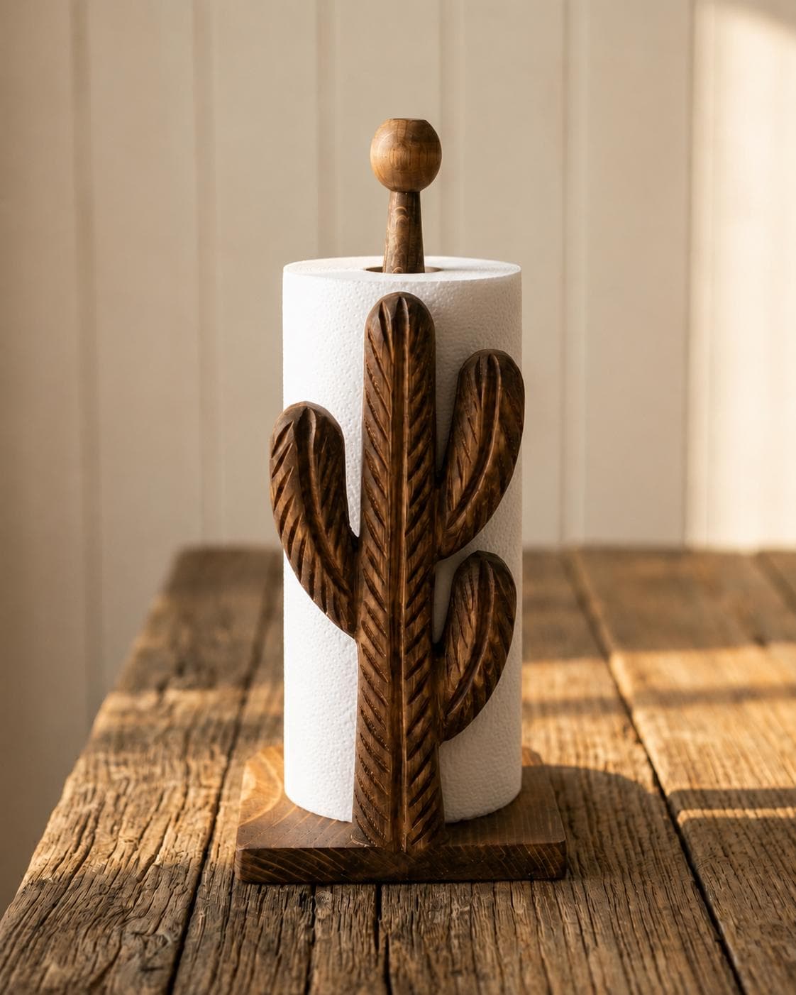 Rustic wooden paper towel holder shaped like cactus displayed on weathered oak countertop with soft neutral farmhouse background