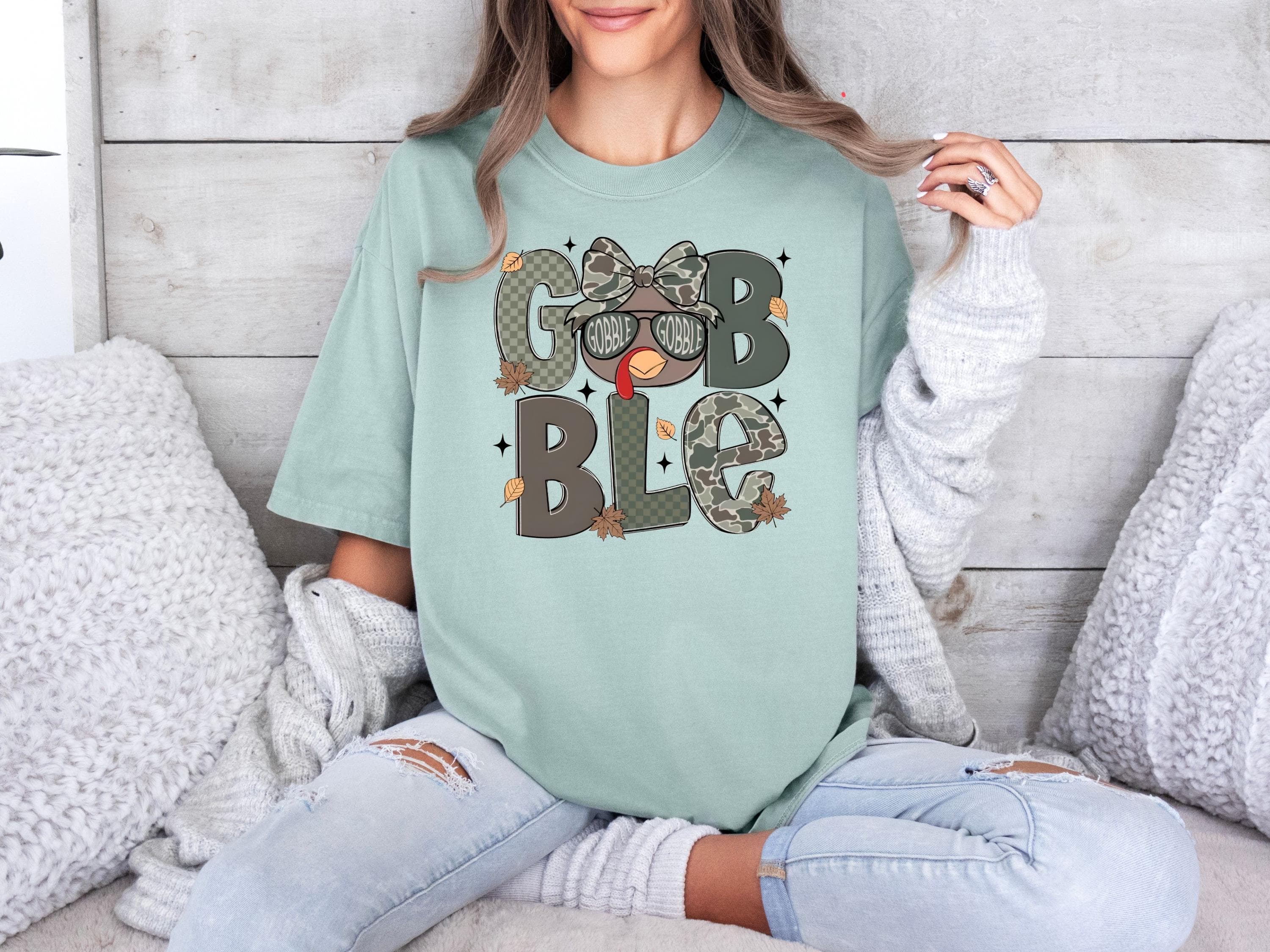 Gobble Turkey Camo Bow DTF Transfer, Thanksgiving Shirt Print - image 3