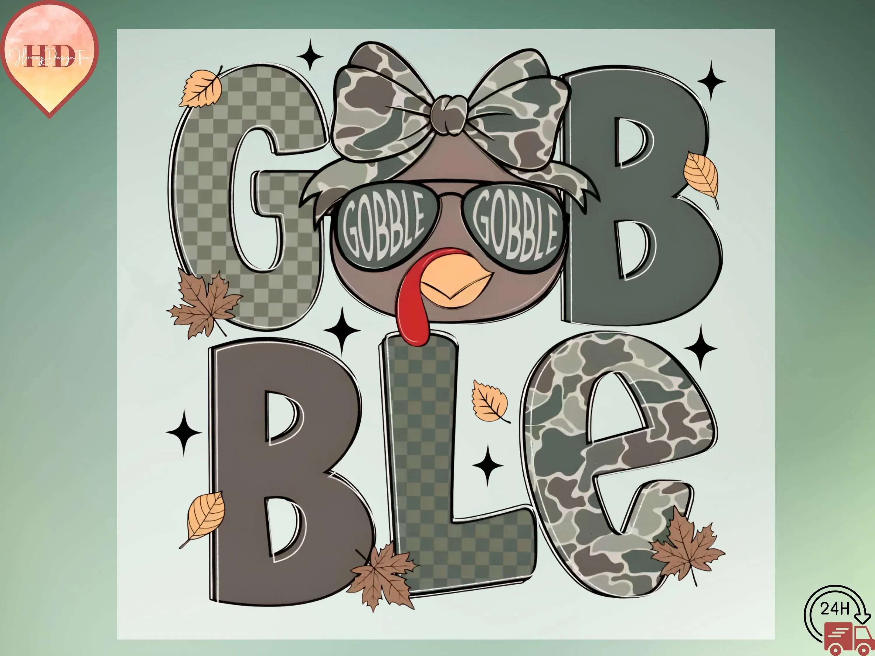 Gobble Turkey Camo Bow DTF Transfer, Thanksgiving Shirt Print
