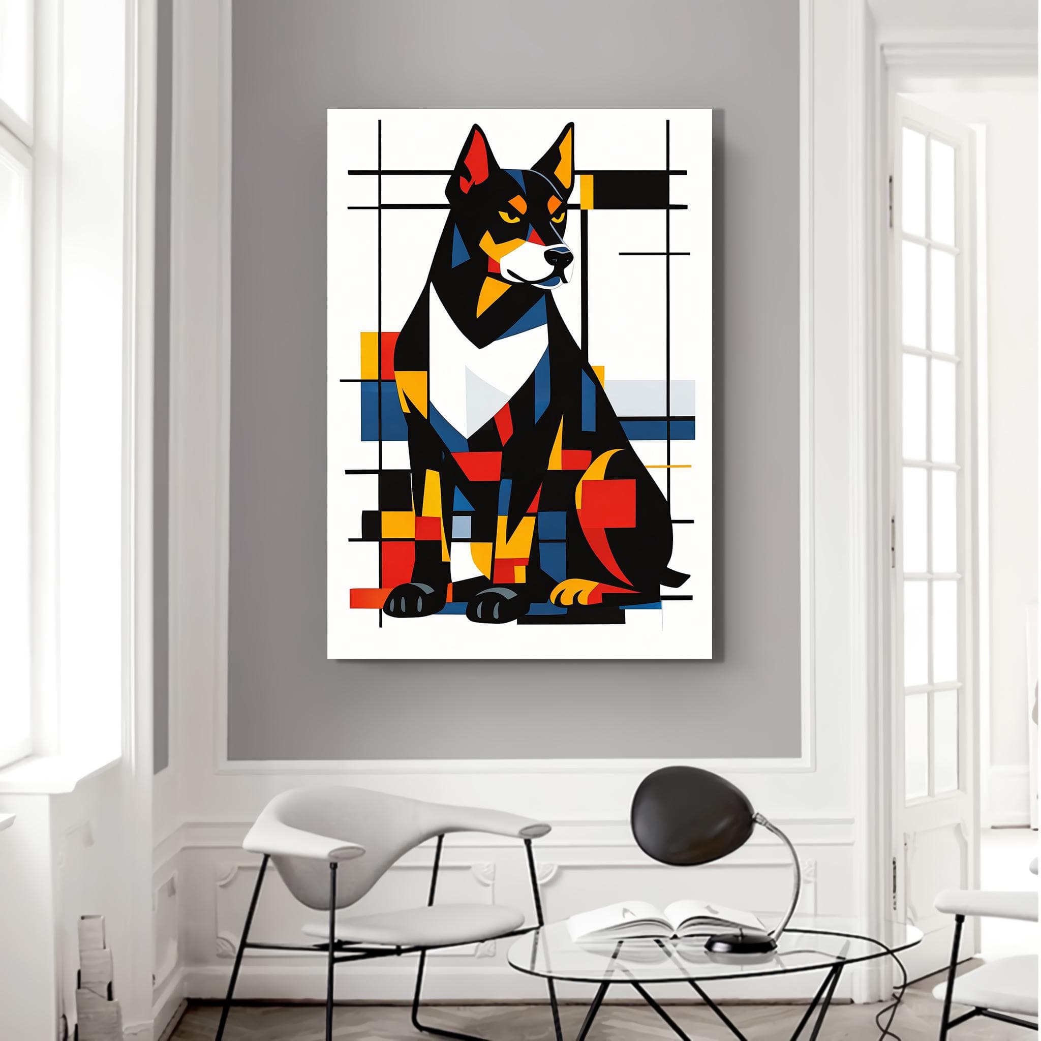 Mondrian Style Doberman Dog Canvas Wall Art, Geometric Modern Dog Painting, Abstract Pet Art Print, Colorful Contemporary Wall Decor