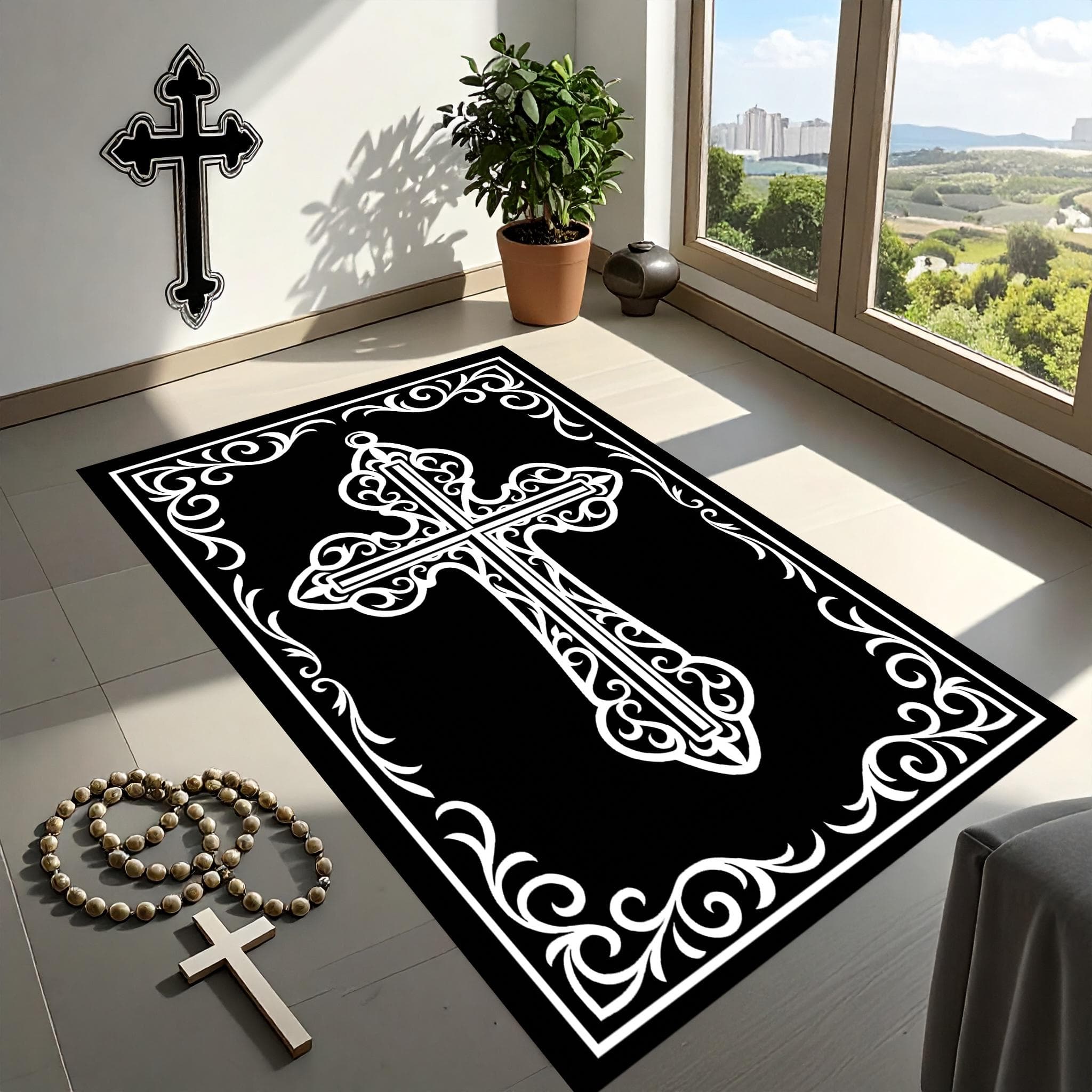 Elegant Prayer Mats, Spiritual Life, Religion,Christian Cross Prayer Mat, Non-Slip PRayer Mat, Orthodox Prayer Mat,Golden Cross Design