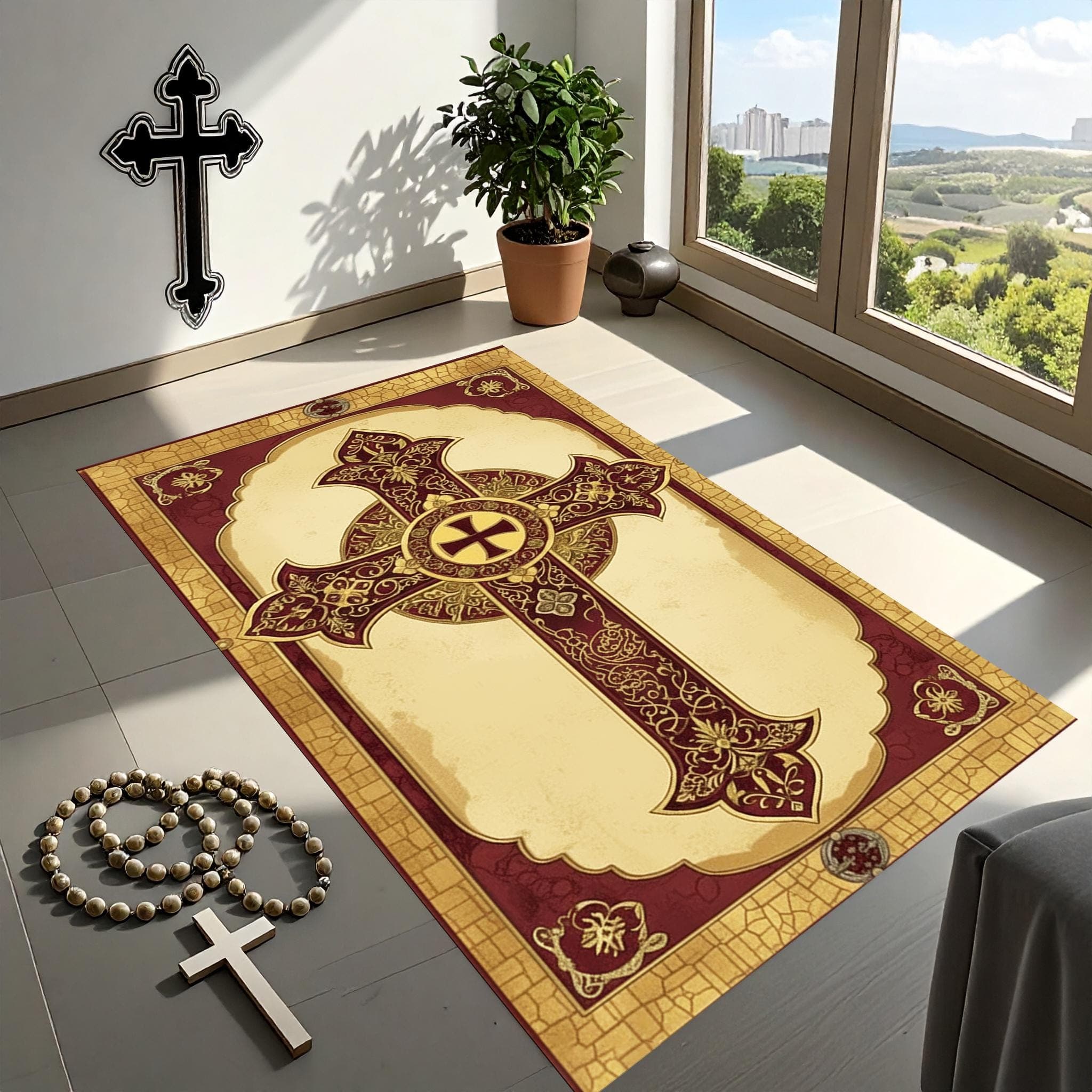 Elegant Prayer Mats, Spiritual Life, Religion,Christian Cross Prayer Mat,Velvet Non-Slip PRayer Mat, Orthodox Prayer Mat,Golden Cross Design