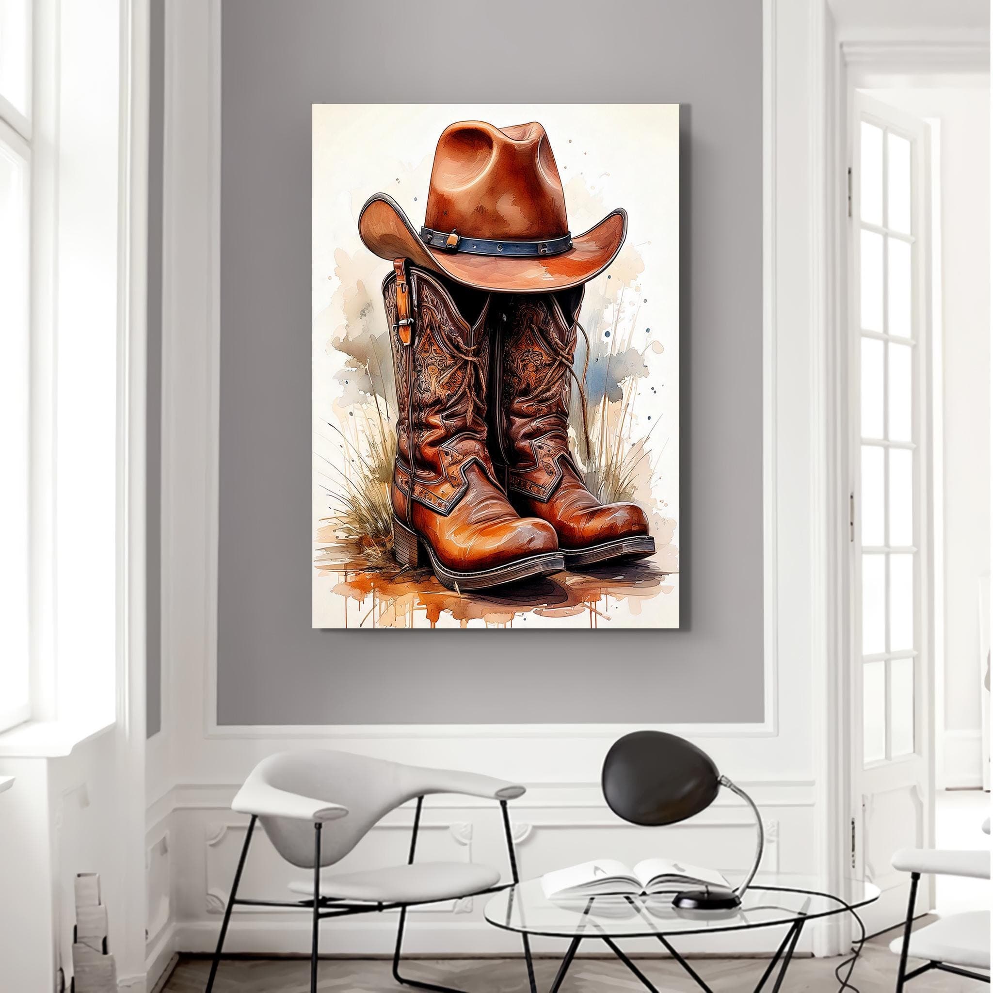 Cowboy Boots and Hat Watercolor Canvas Print: Western Wall Decor - image 3
