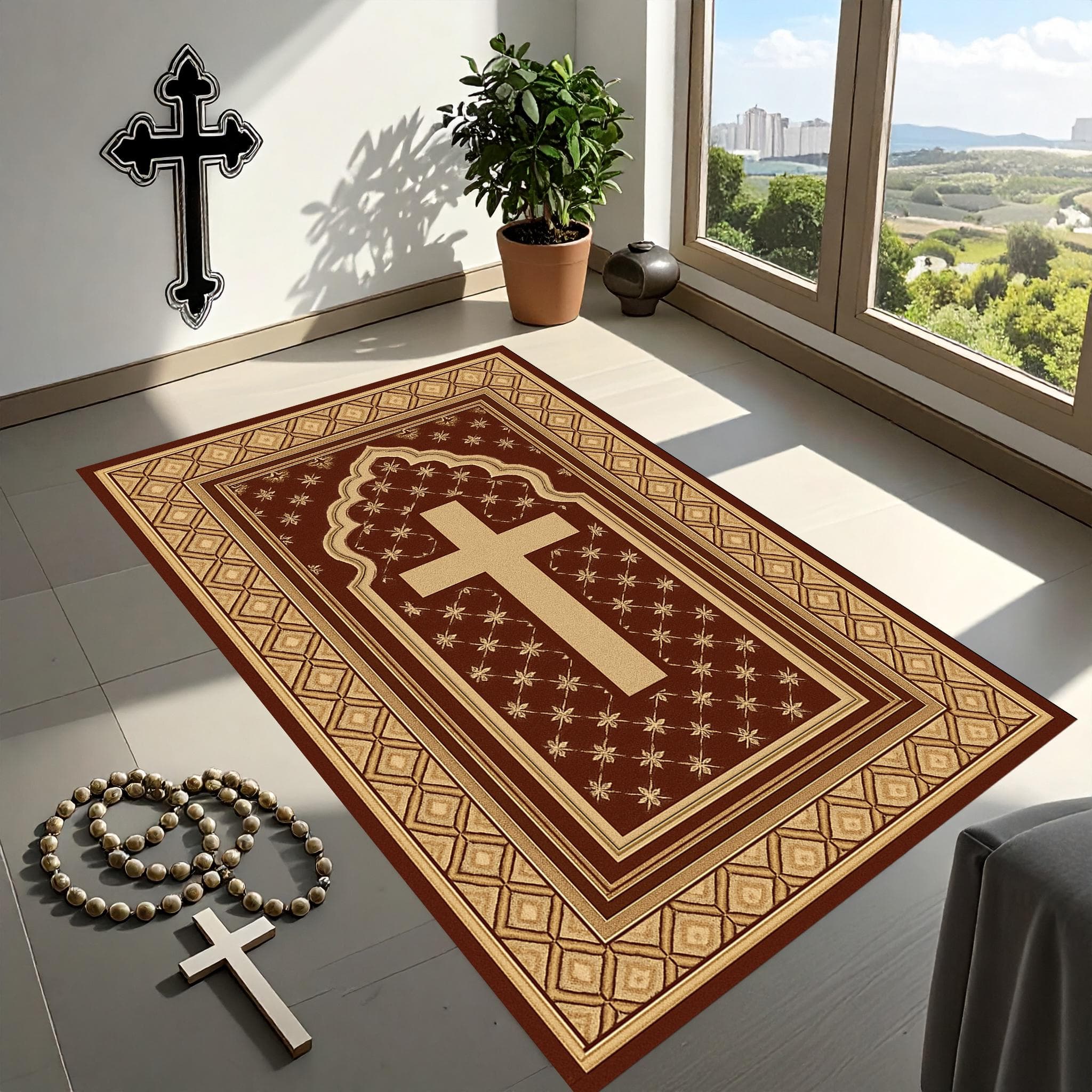 Elegant Prayer Mats, Spiritual Life, Religion,Christian Cross Prayer Mat,Velvet Non-Slip PRayer Mat, Orthodox Prayer Mat,Golden Cross Design