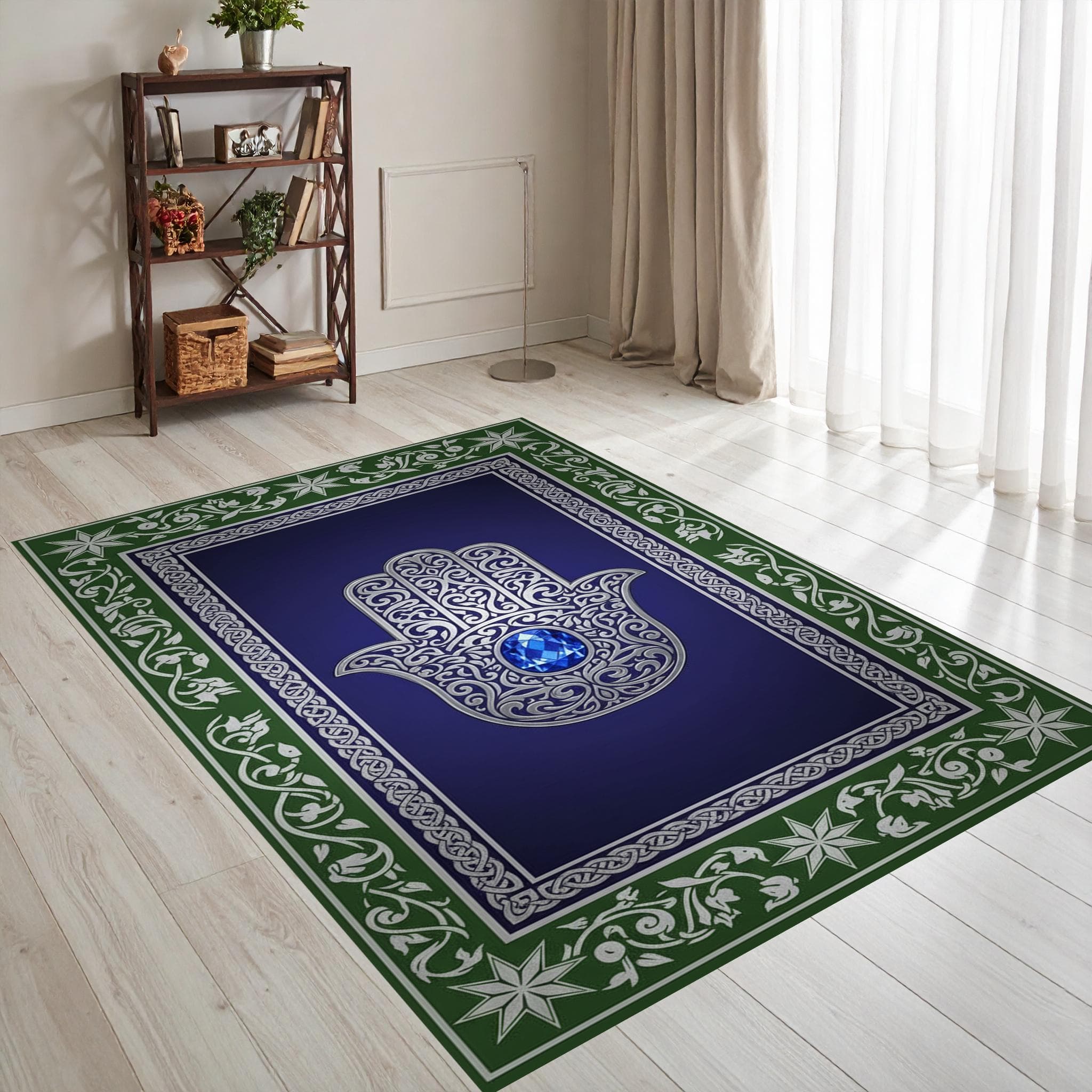 Hamsa Hand Prayer Mat, Evil Eye Protection Rug, Blue & Green Spiritual Prayer Carpet, Islamic Judaica Inspired Gift - image 3