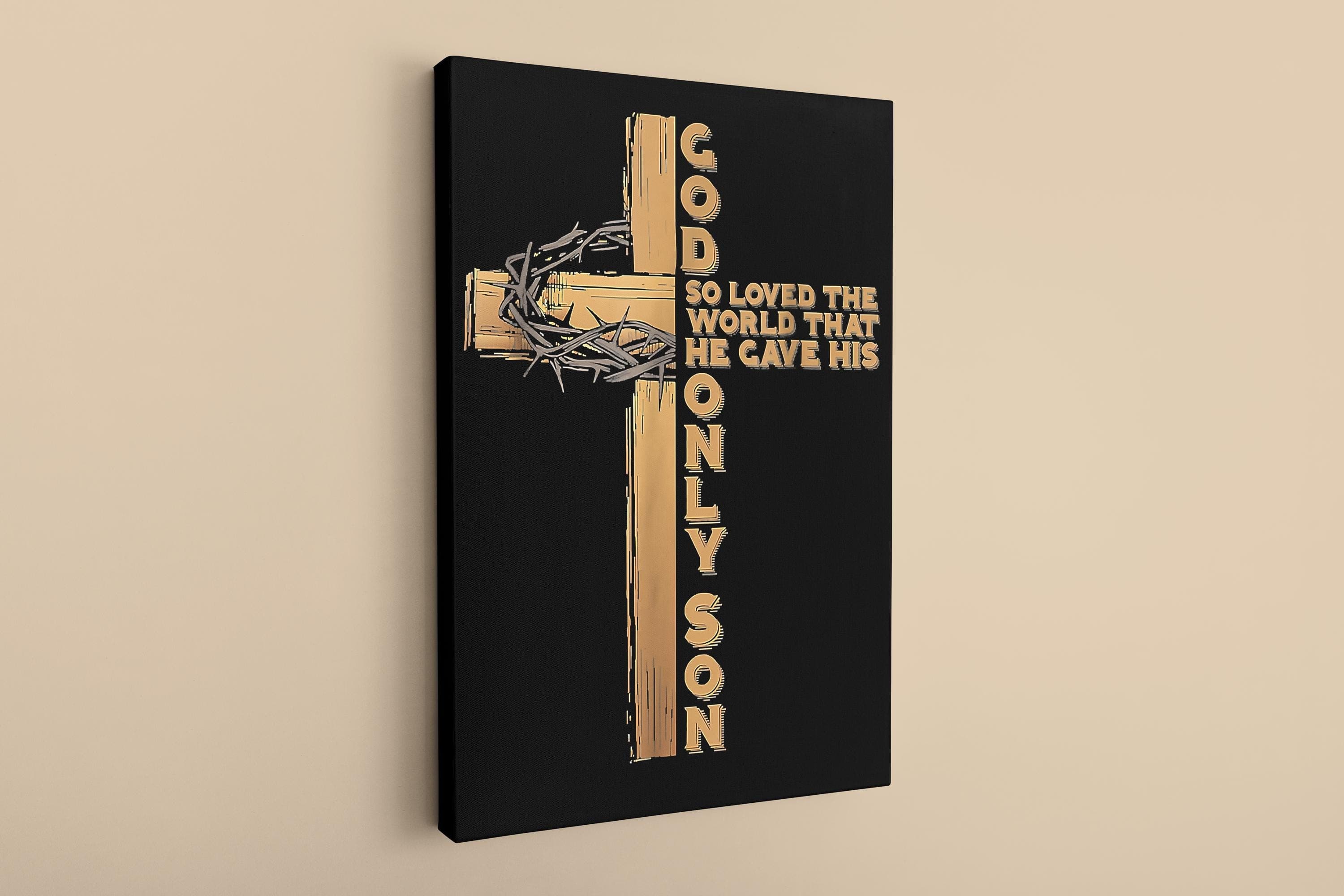 Christian Canvas Wall Art ,John 3:16 Cross with Crown of Thorns , Gold on Black Religious Wall Decor ,Faith & Scripture Art - image 5