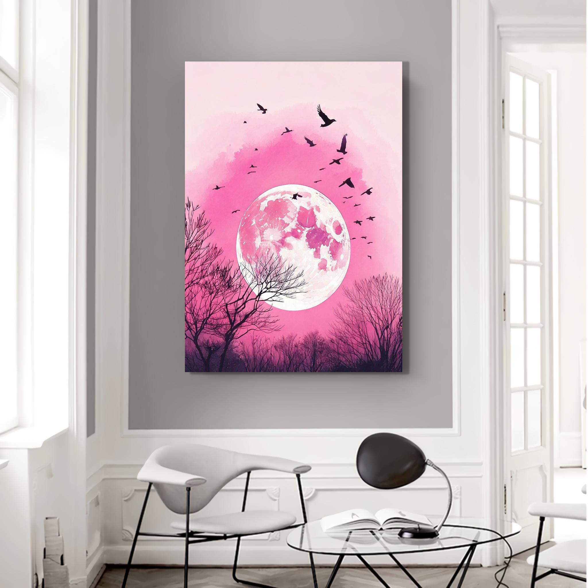 Pink Moon & Birds Canvas Art: Vertical Wall Hanging