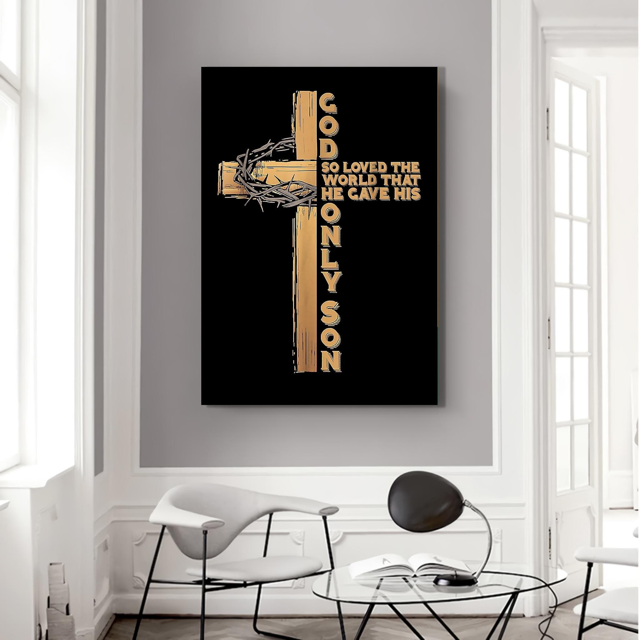Christian Canvas Wall Art ,John 3:16 Cross with Crown of Thorns , Gold on Black Religious Wall Decor ,Faith & Scripture Art