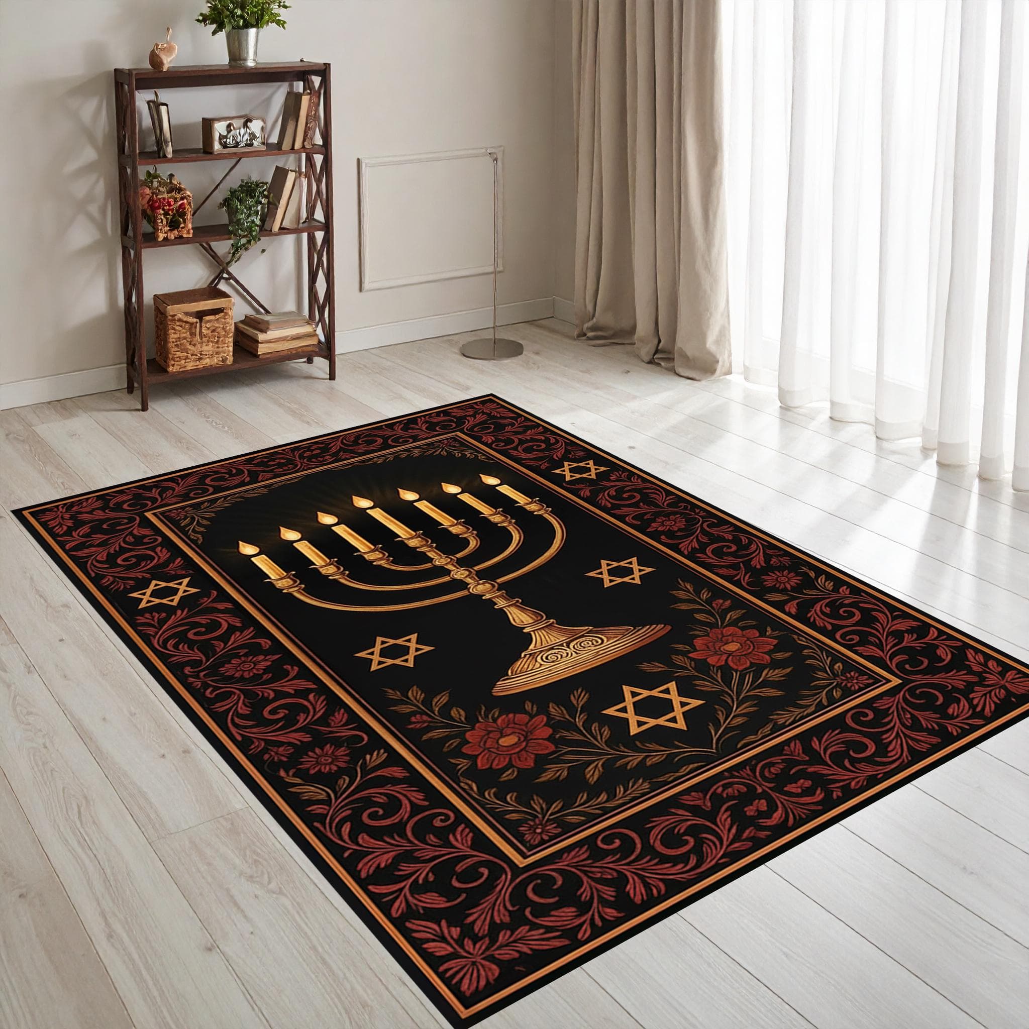 Jewish Menorah Prayer Mat, Star of David Tallit Style Rug, Blue & Beige Judaica Prayer Carpet, Hanukkah Jewish Gift