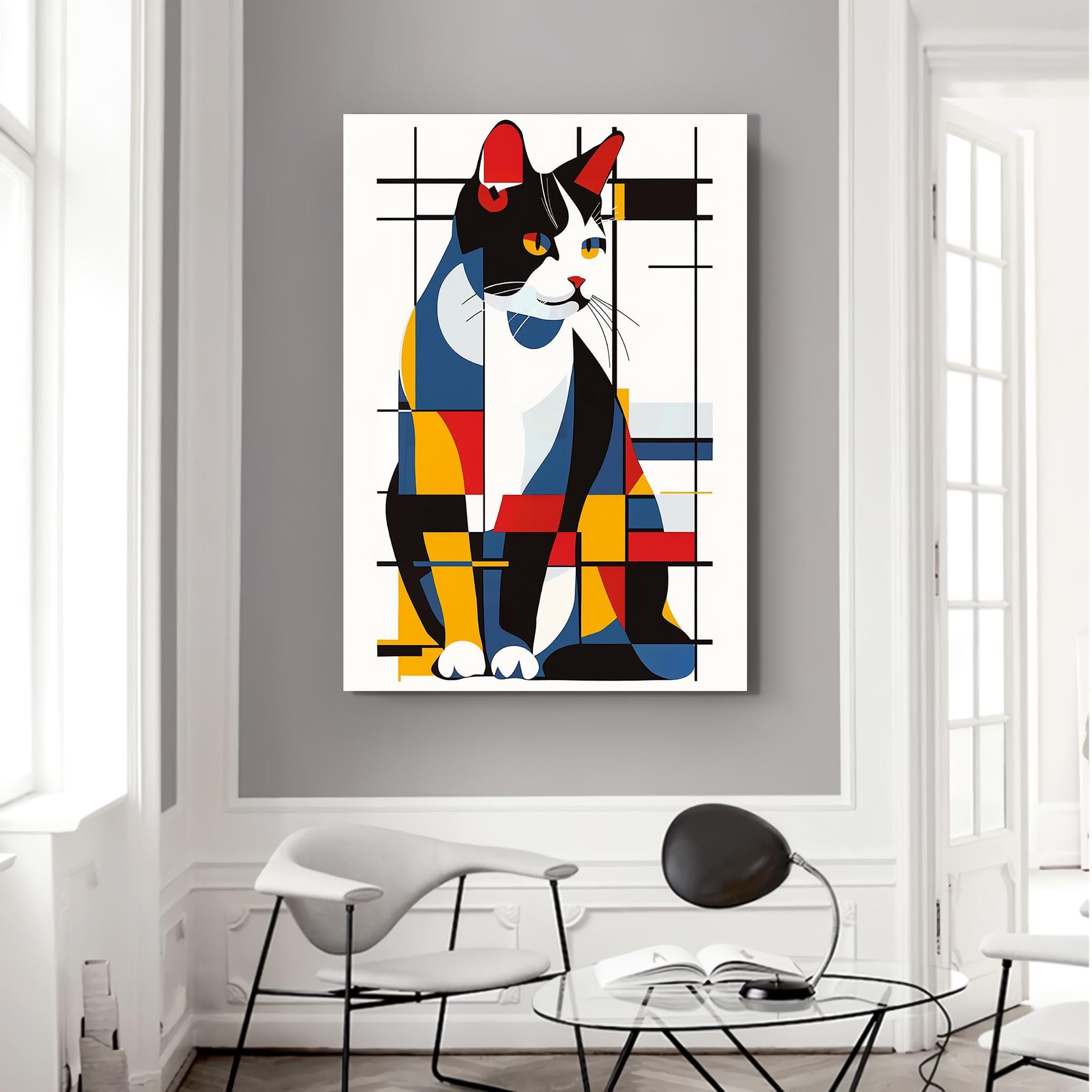 Mondrian Cat Art Canvas Print: Abstract Geometric Wall Decor