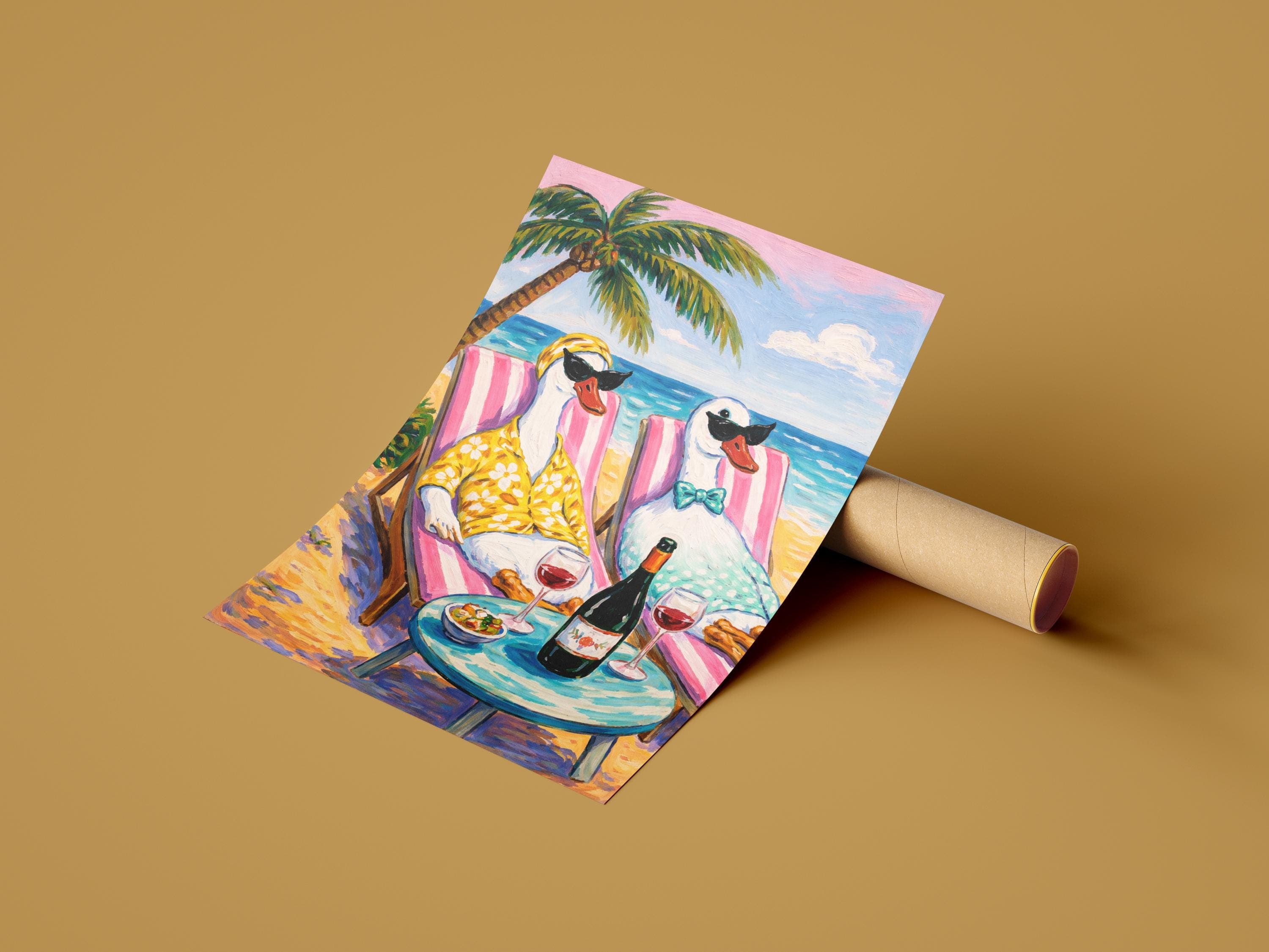Funny Duck Beach Painting Canvas Print,Coastal Wall Art,Summer Vacation Decor,Tropical Palm Art, Whimsical Animal Art,Beach House Wall Decor - image 3