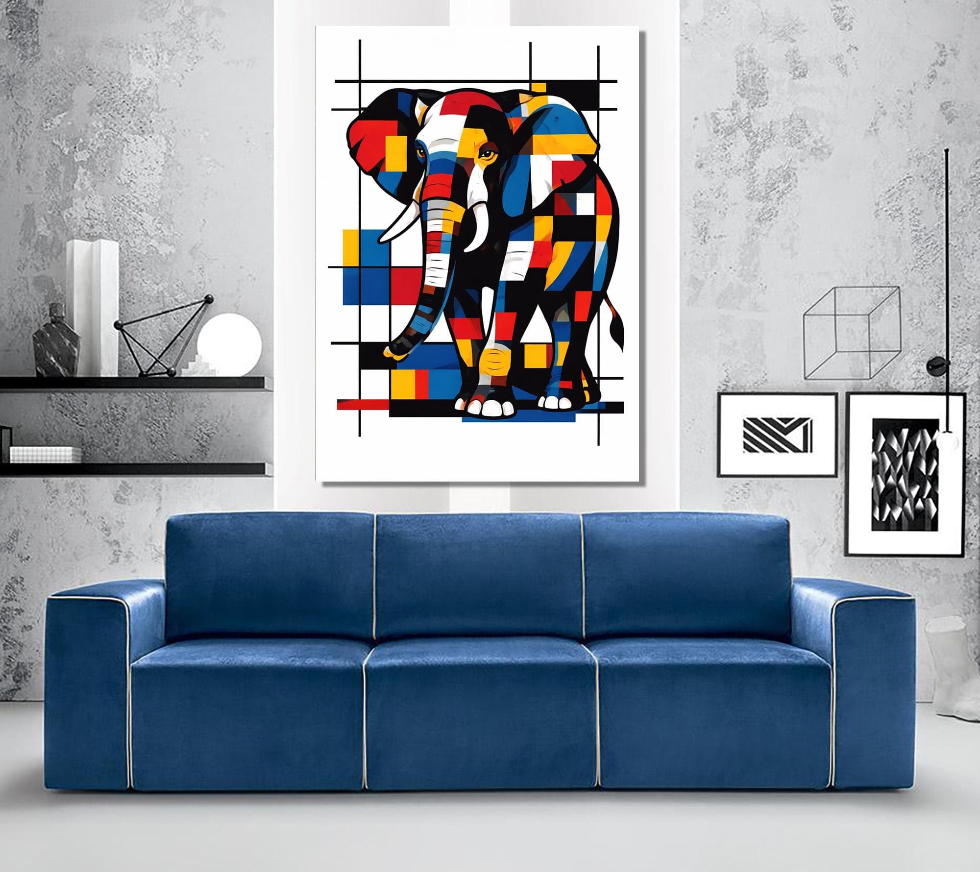 Mondrian Style Elephant Canvas Wall Art, Geometric Abstract Elephant Painting, Modern Colorful Animal Art Print, Contemporary Home Decor - image 3