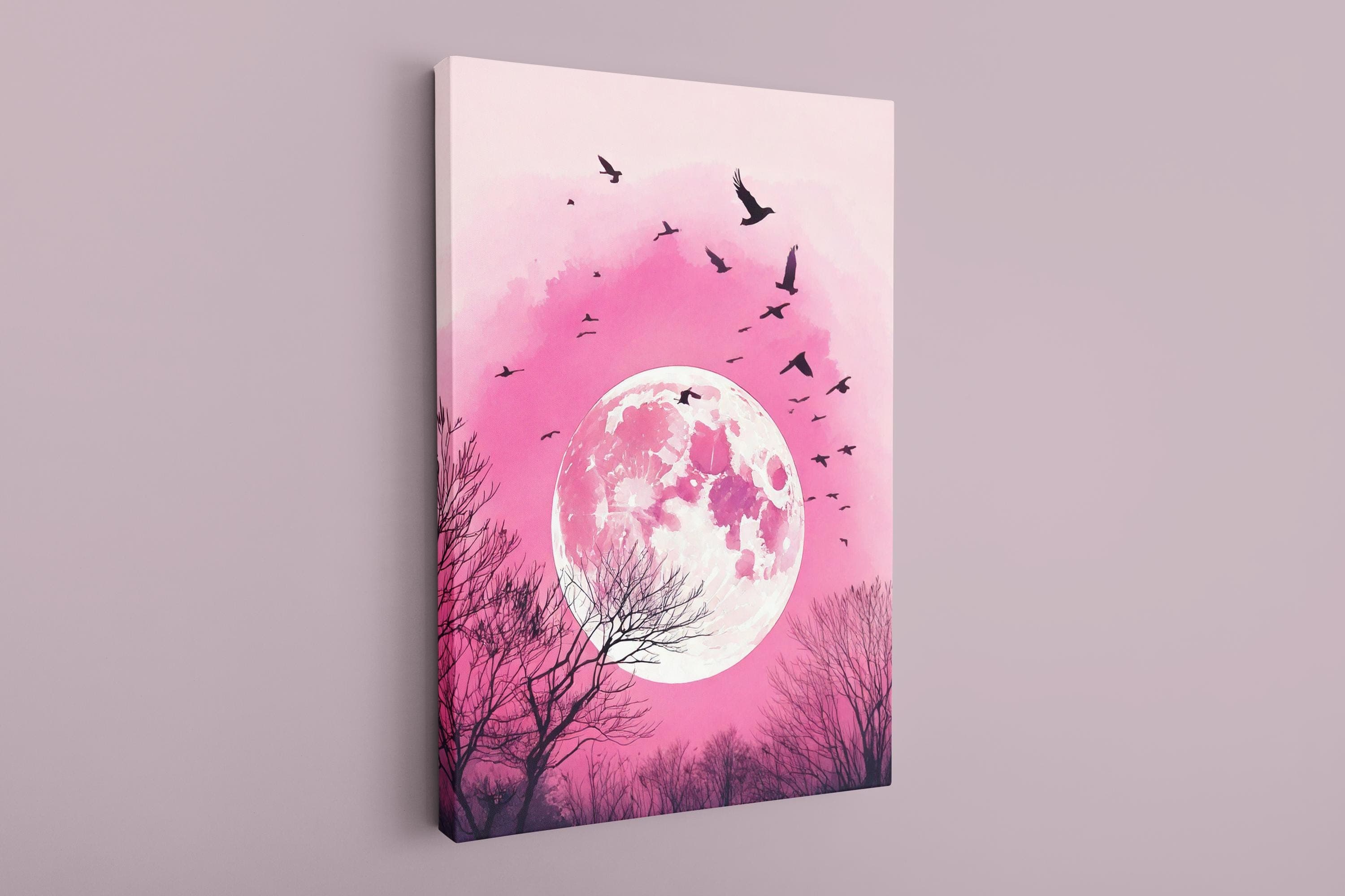 Pink Moon & Birds Canvas Art: Vertical Wall Hanging - image 5