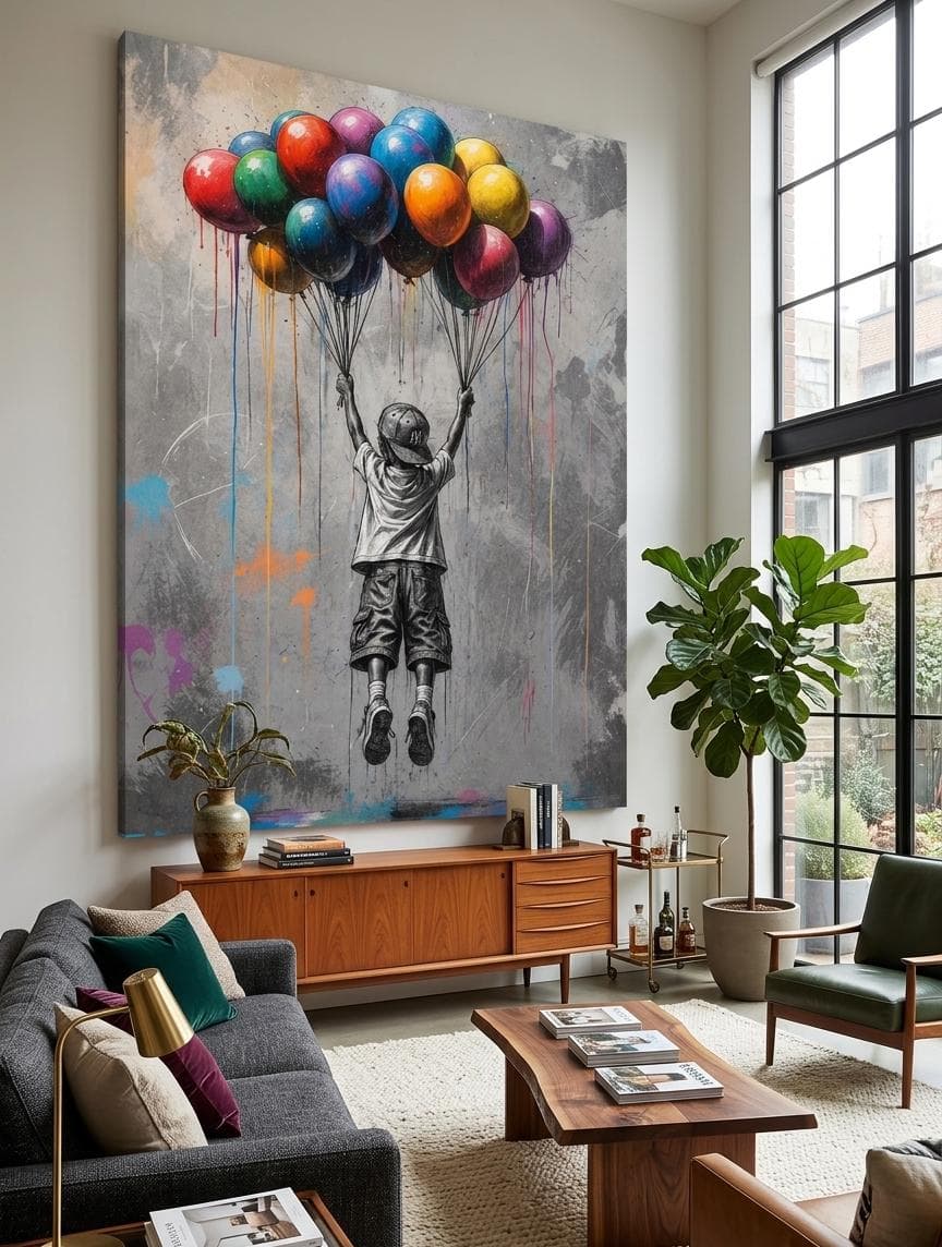 Colorful Balloon Street Art Canvas, Nursery Wall Art, Urban Graffiti Wallart, Charcoal Style Print, Kids Room Decor, Gift Idea