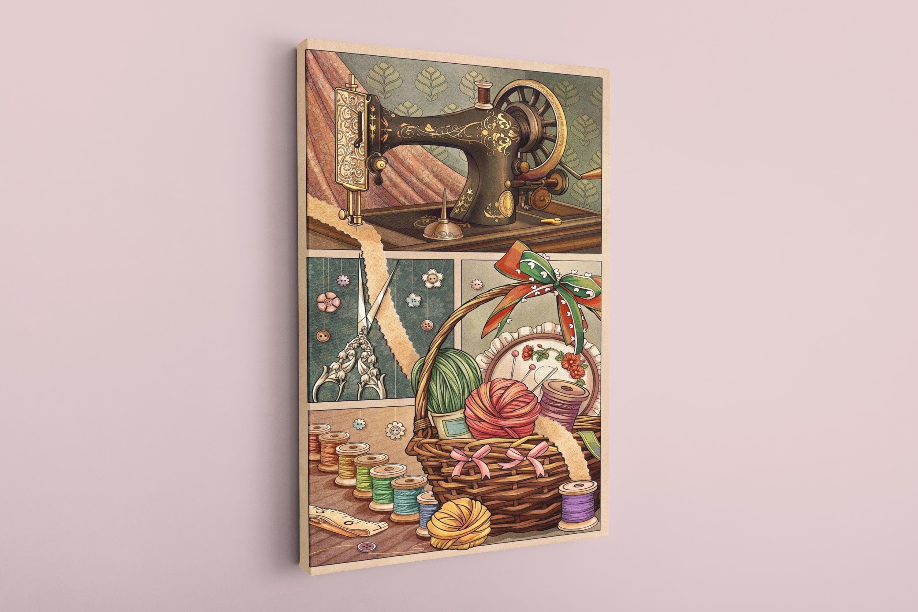 Vintage Sewing Machine Wall Art Canvas,Sewing Room Decor,Tailor Gift,Craft  Aesthetic,Knitting Basket Illustration,Retro Textile Art Print