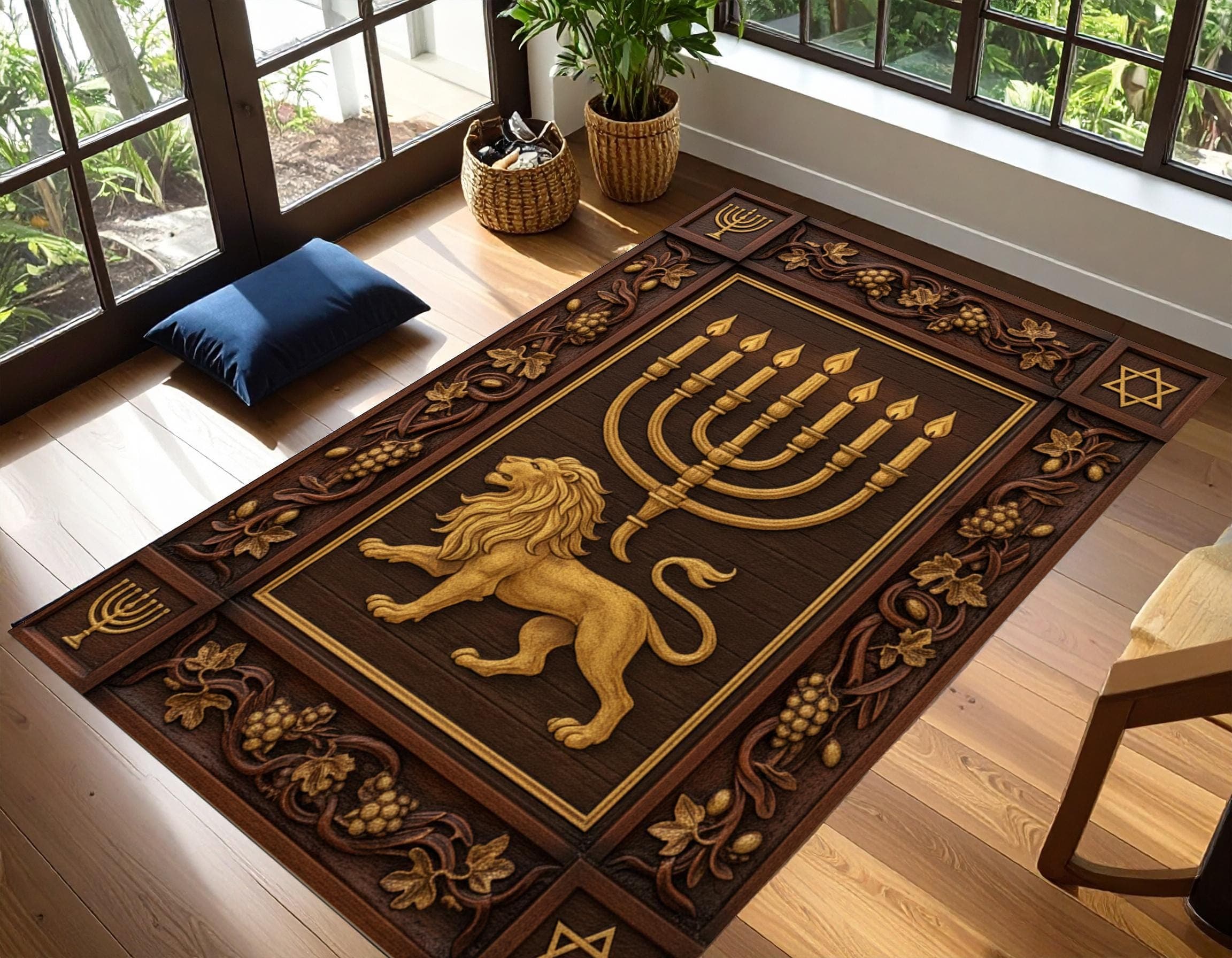 Jewish Menorah Prayer Mat, Star of David Tallit Style Rug, Blue & Beige Judaica Prayer Carpet, Hanukkah Jewish Gift