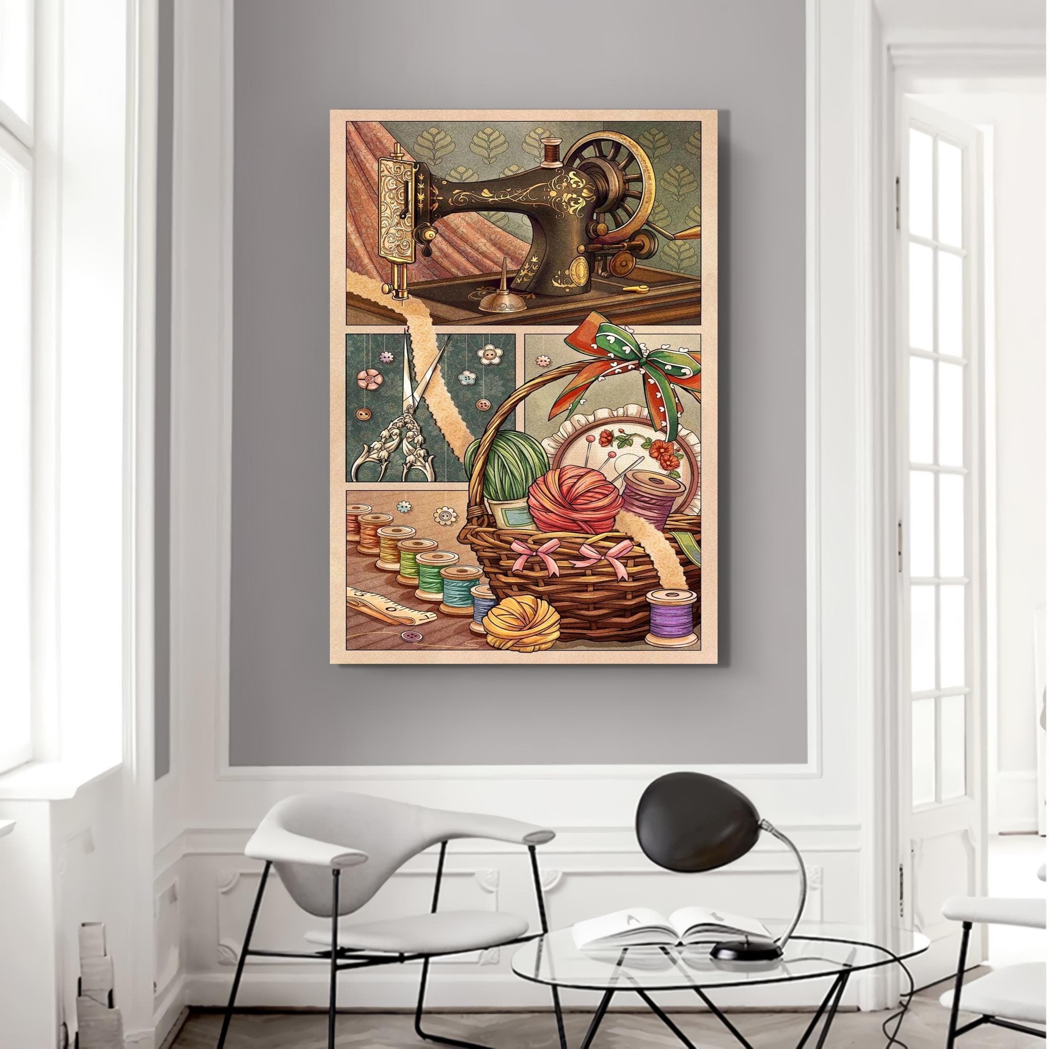 Vintage Sewing Machine Wall Art Canvas,Sewing Room Decor,Tailor Gift,Craft  Aesthetic,Knitting Basket Illustration,Retro Textile Art Print - image 3