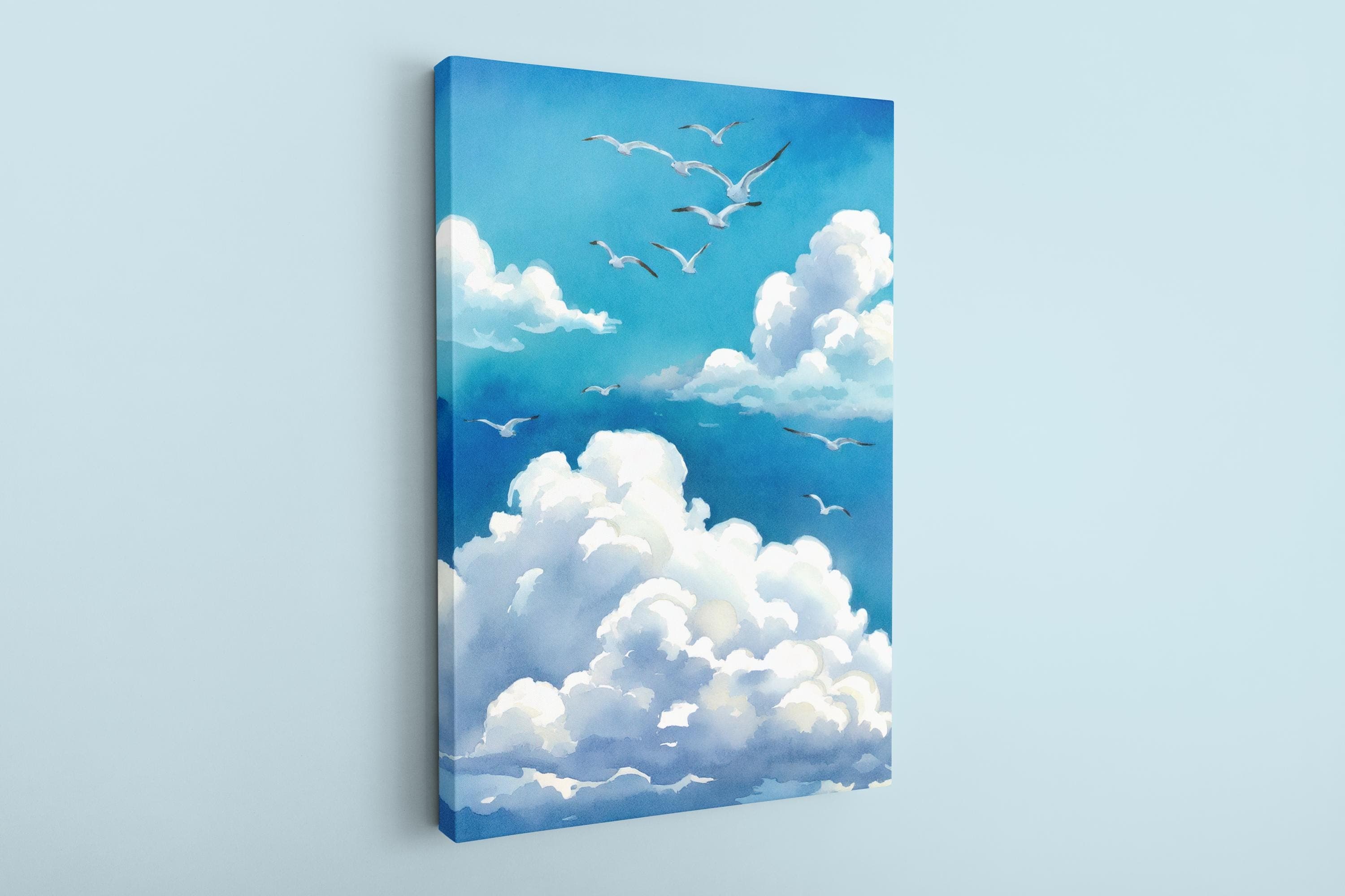 Flying Birds and Clouds Canvas Art Print - Vertical Wall Hanging - image 3