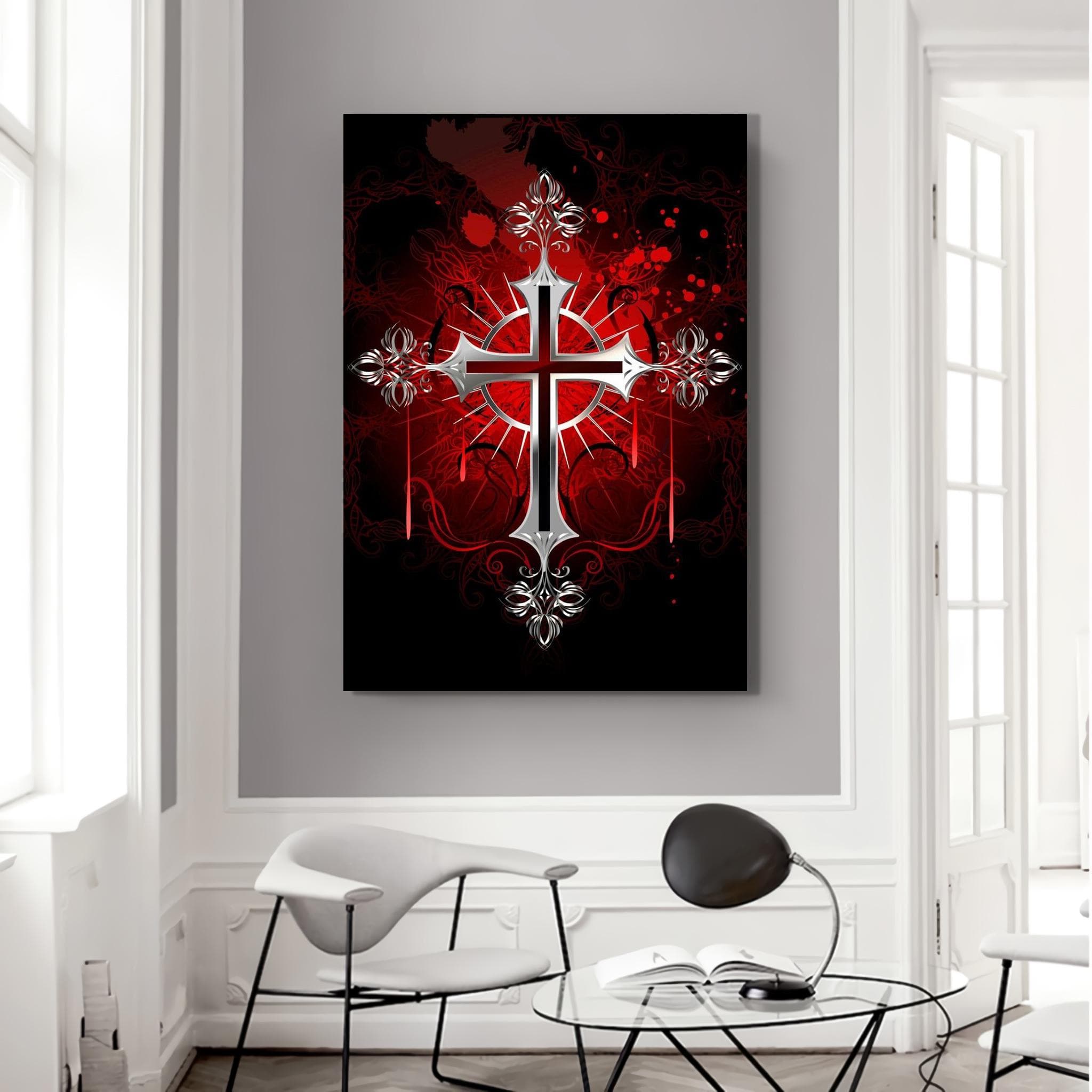 Gothic Metallic Looking Cross Canvas | Dark Red & Black Religious Wall Art | Baroque Gothic Decor | Spiritual Symbol Artwork, Gothic Canvas