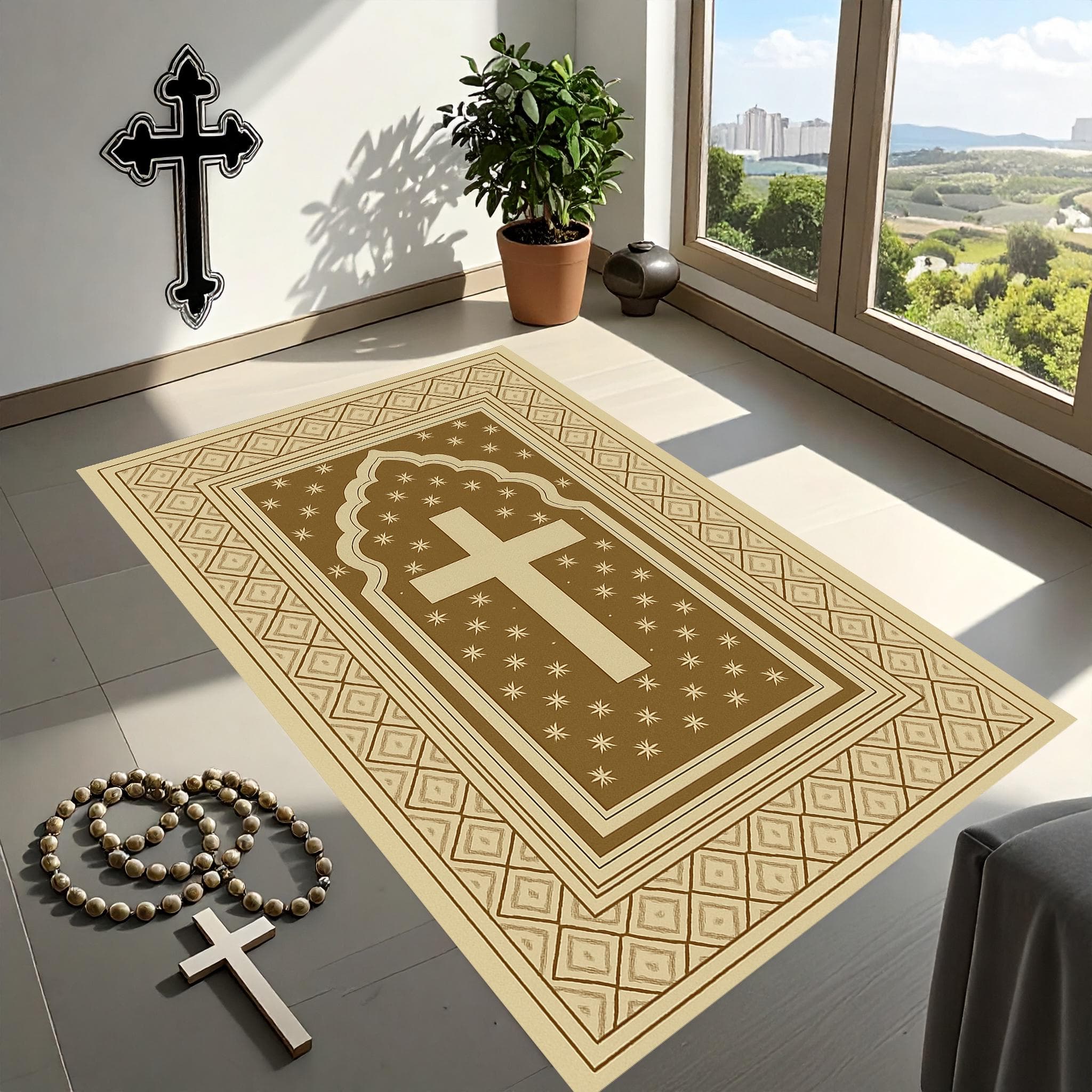 Spiritual Life,Elegant Prayer Mats,Religion,Christian Cross Prayer Mat,Velvet Non-Slip PRayer Mat, Orthodox Prayer Mat,Golden Cross Design