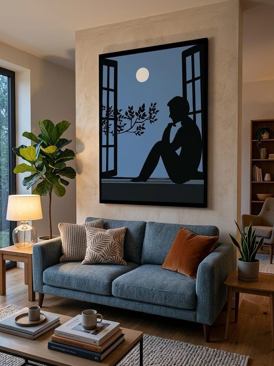 Contemplative Night Under the Moonlight - Modern Silhouette Wall Decor, Minimalist Man Sitting Canvas