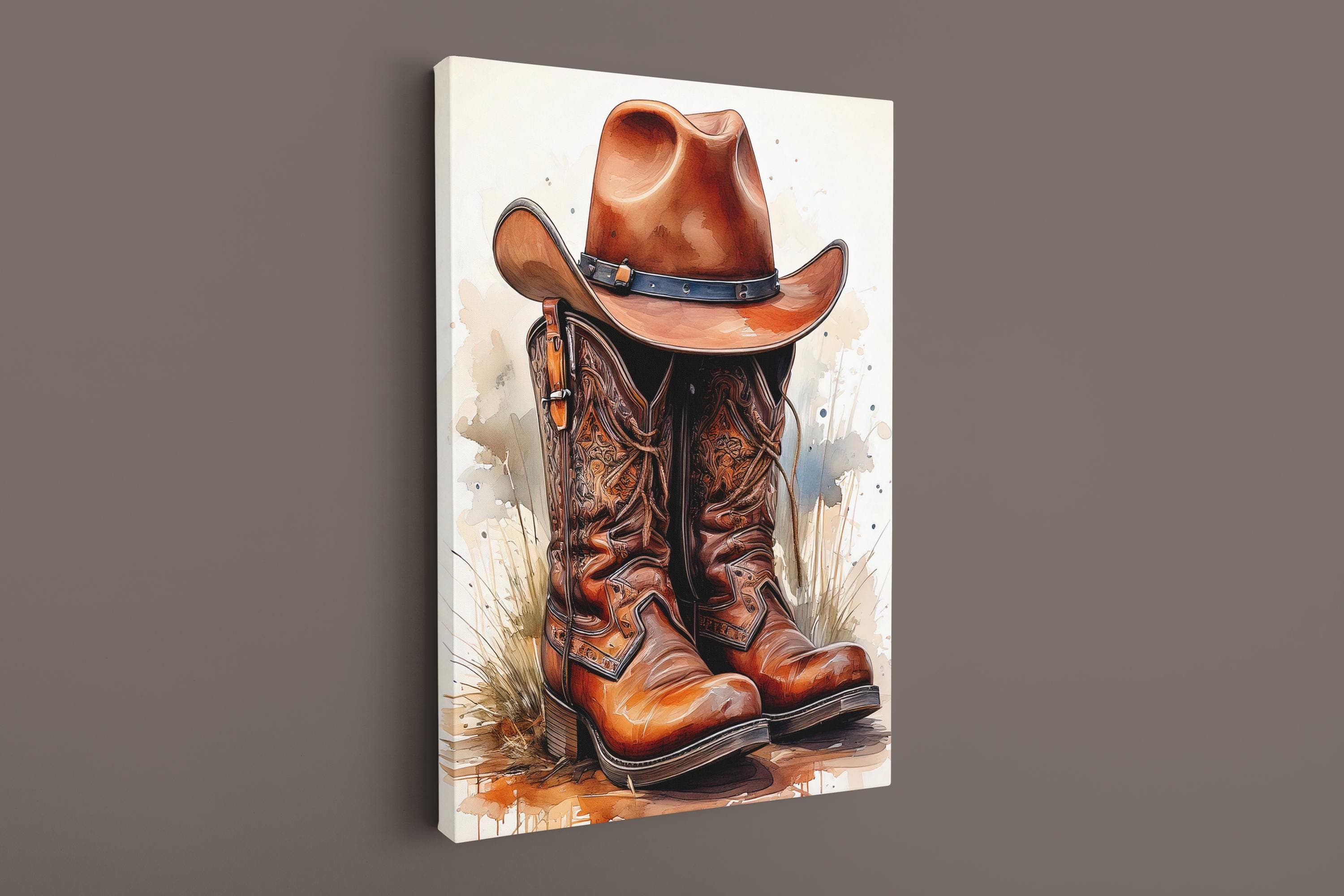 Cowboy Boots and Hat Watercolor Canvas Print: Western Wall Decor