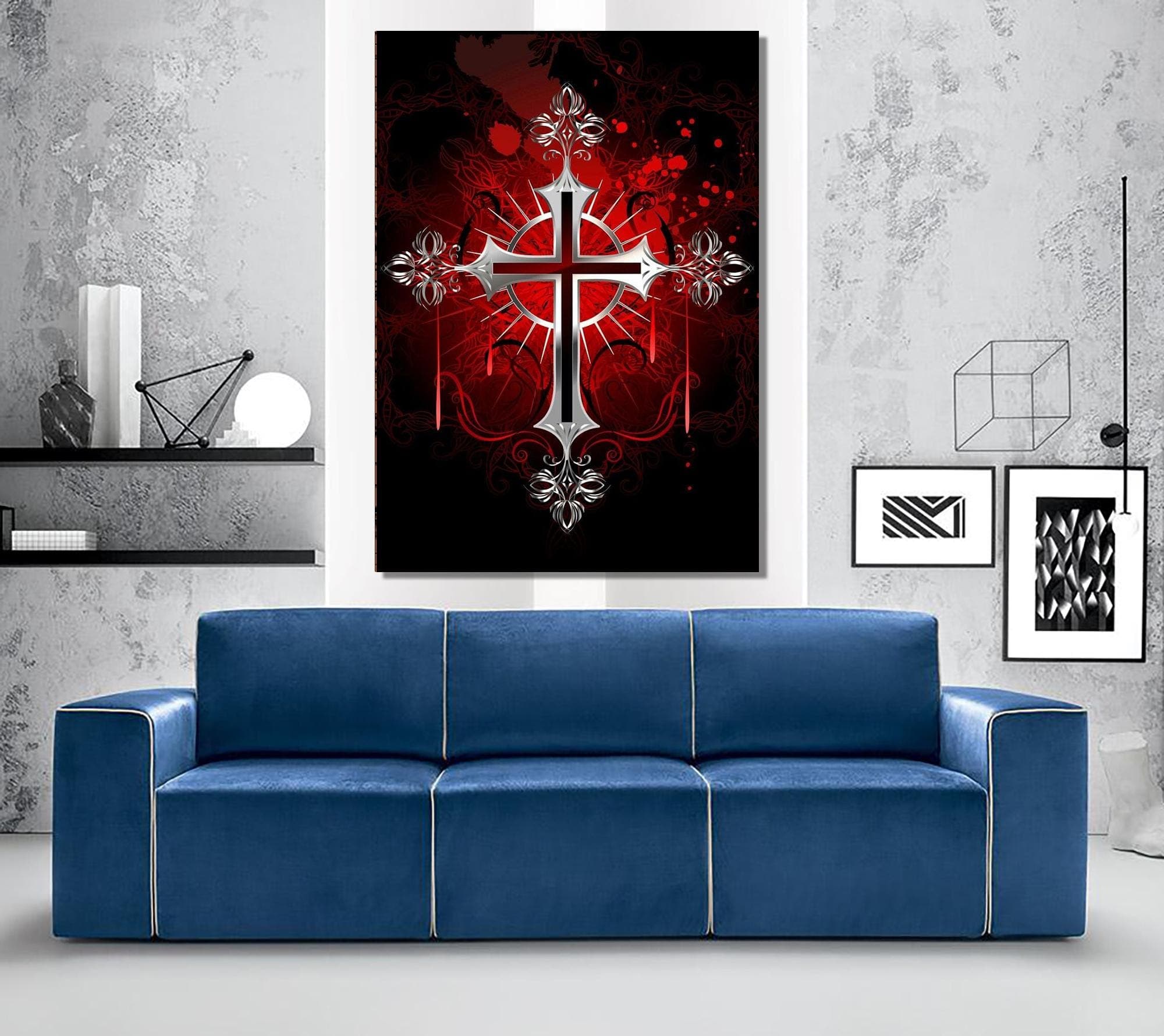 Gothic Metallic Looking Cross Canvas | Dark Red & Black Religious Wall Art | Baroque Gothic Decor | Spiritual Symbol Artwork, Gothic Canvas - image 4