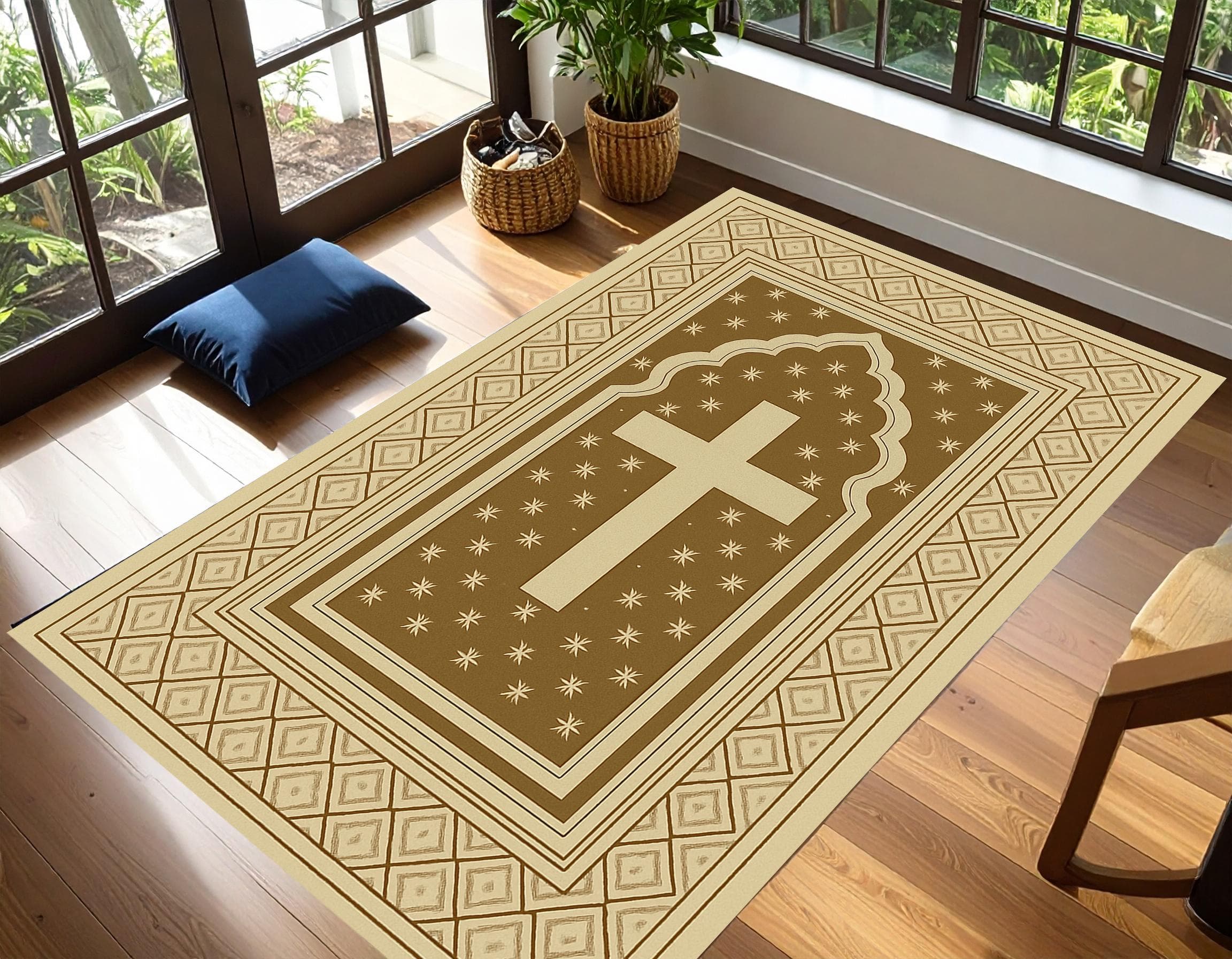 Spiritual Life,Elegant Prayer Mats,Religion,Christian Cross Prayer Mat,Velvet Non-Slip PRayer Mat, Orthodox Prayer Mat,Golden Cross Design - image 3