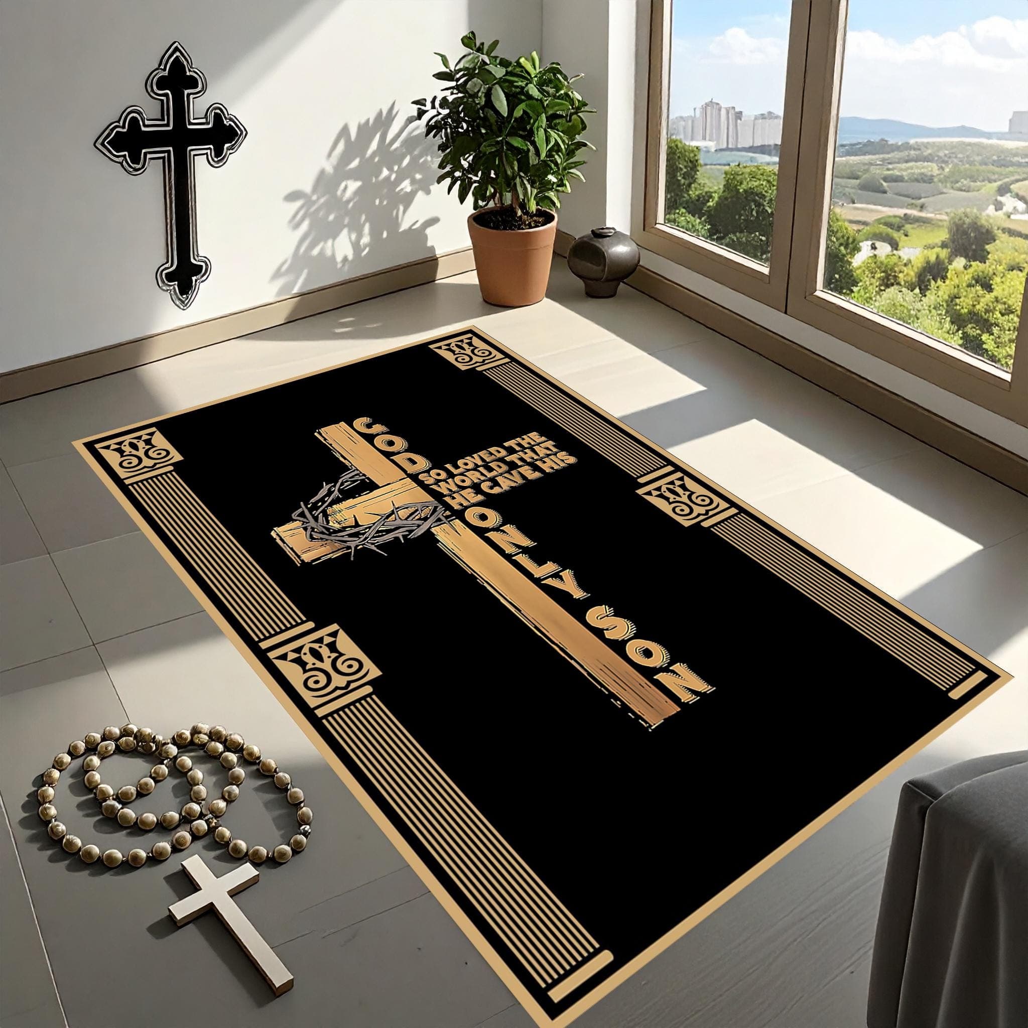 Elegant Prayer Mats, Spiritual Life, Religion,Christian Cross Prayer Mat,Velvet Non-Slip PRayer Mat, Orthodox Prayer Mat,Golden Cross Design