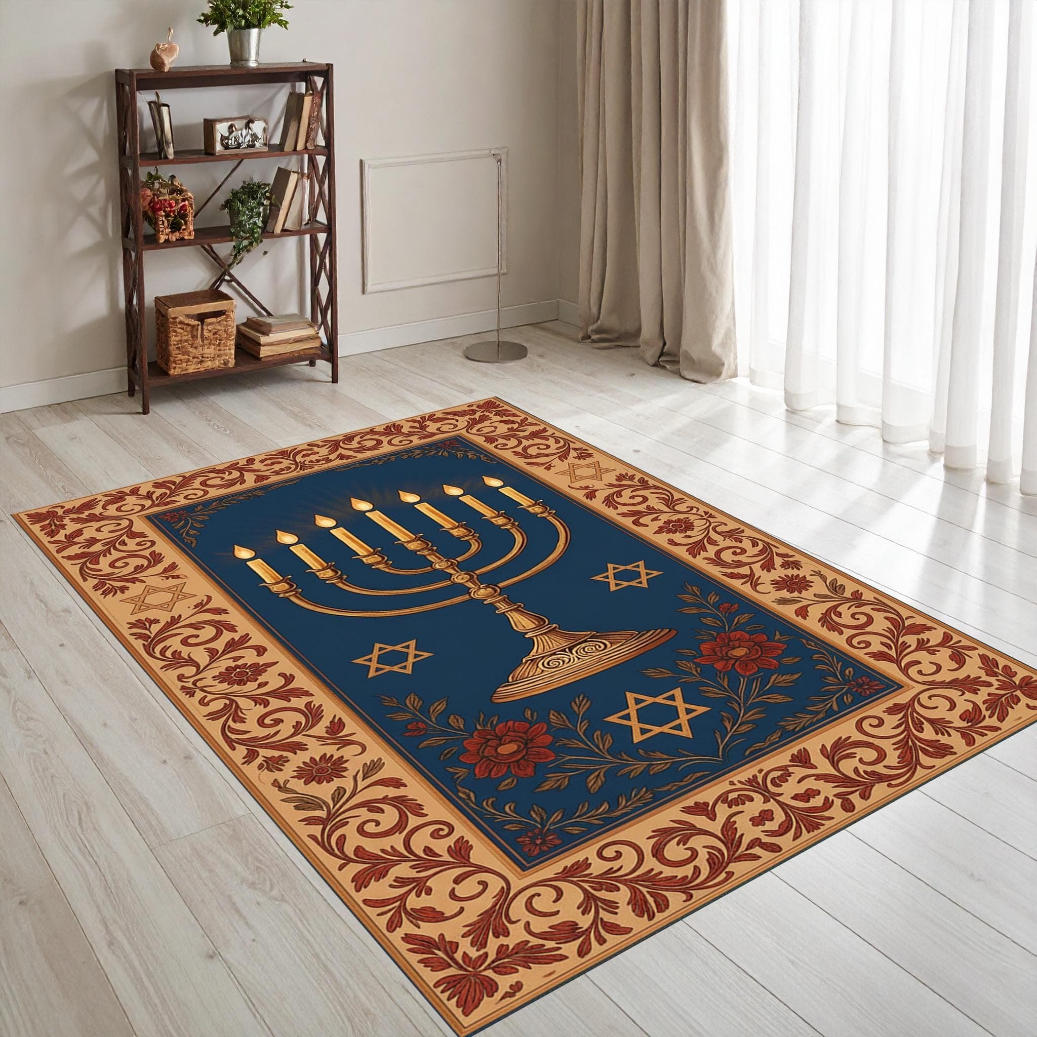 Jewish Menorah Prayer Mat, Star of David Tallit Style Rug, Blue & Beige Judaica Prayer Carpet, Hanukkah Jewish Gift