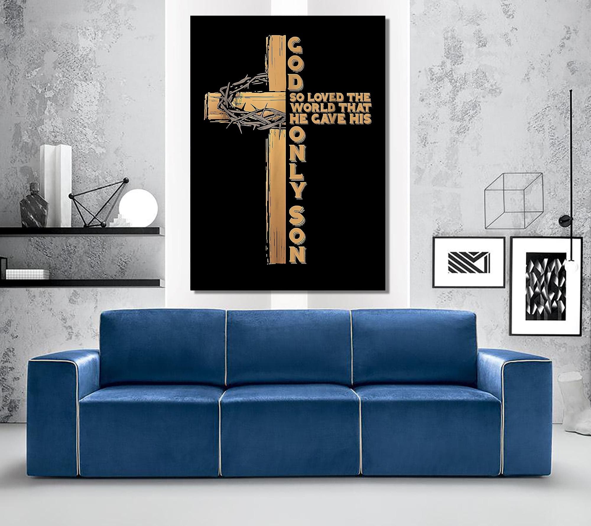 Christian Canvas Wall Art ,John 3:16 Cross with Crown of Thorns , Gold on Black Religious Wall Decor ,Faith & Scripture Art - image 4