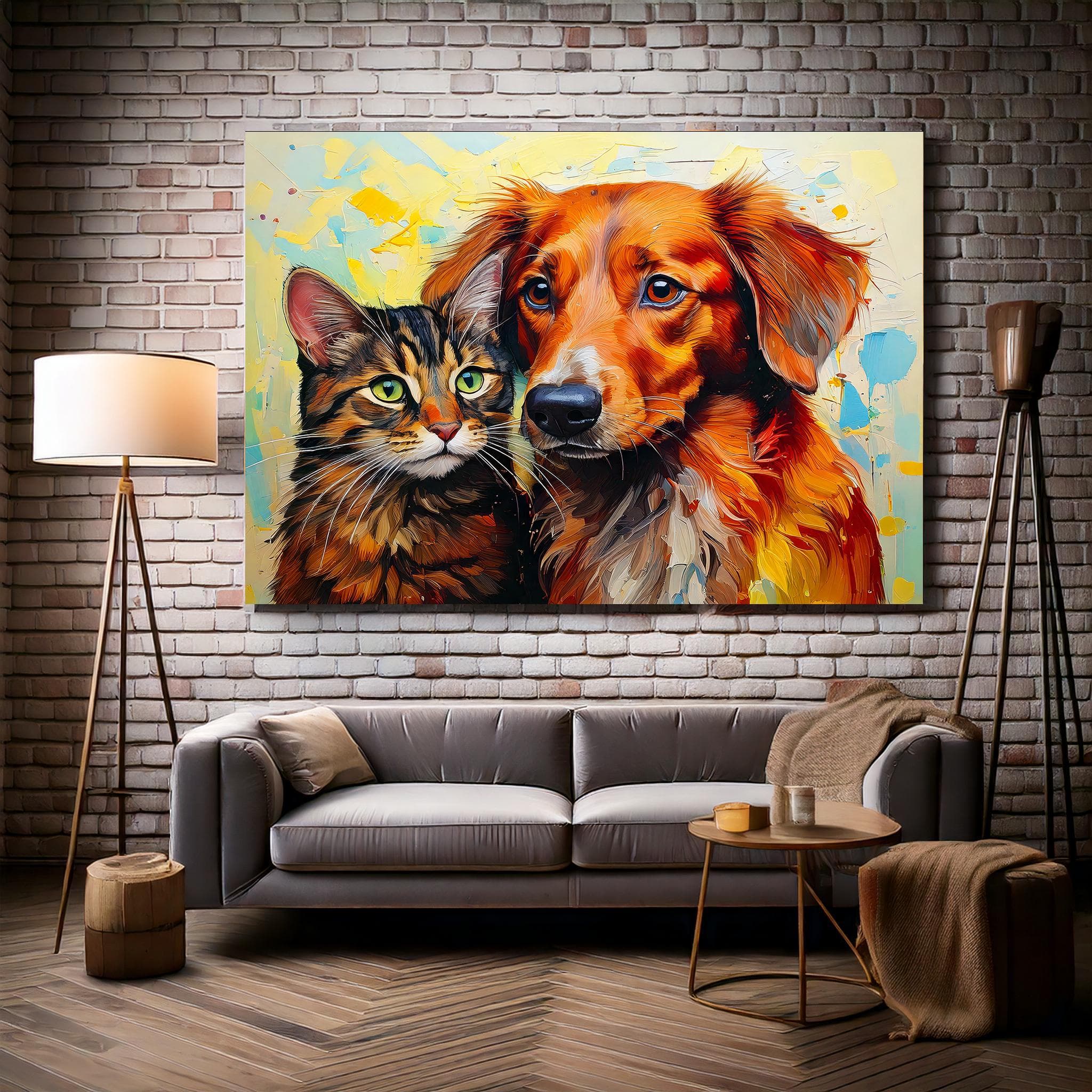 Colorful Cat and Dog Canvas Wall Art: Animal Lover Gift
